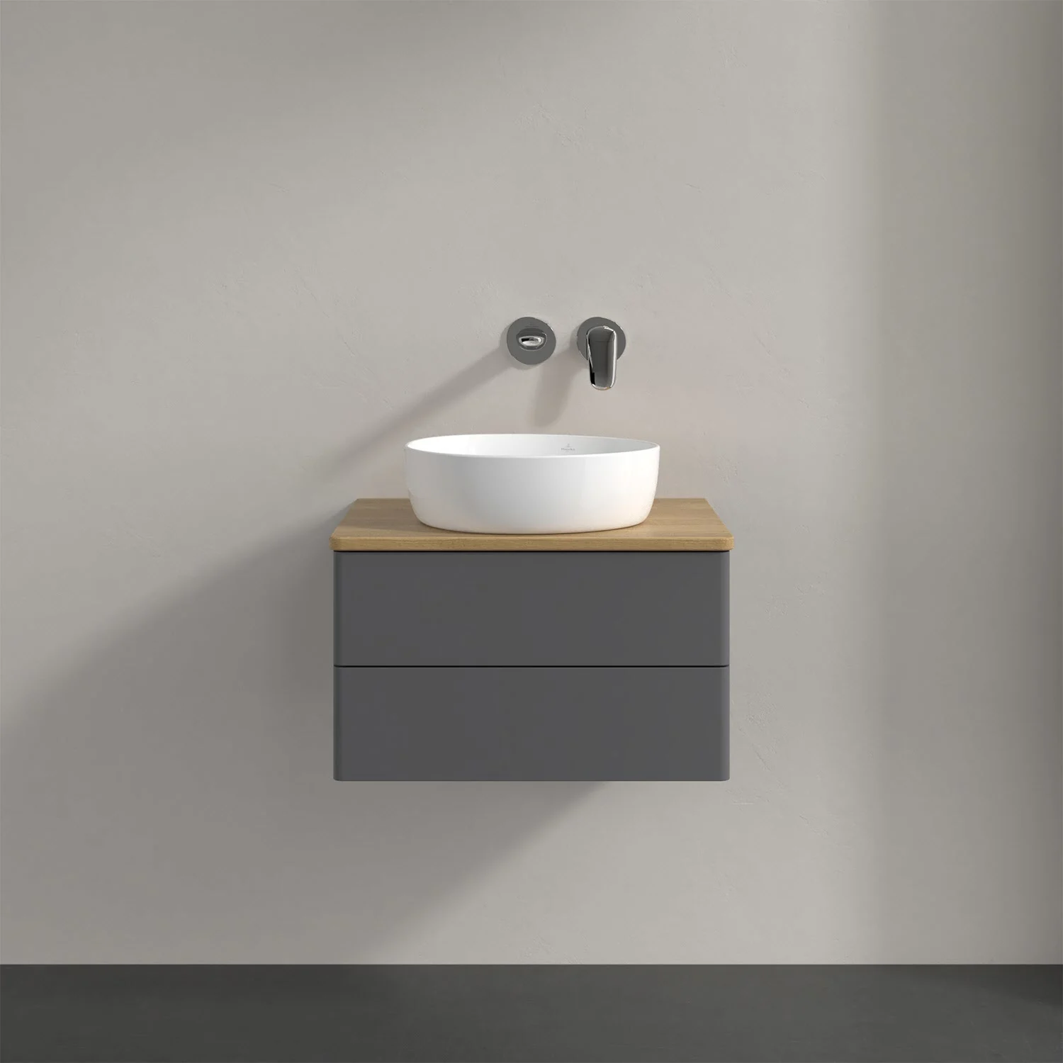 Umywalka z szarą szafką z bliska, Villeroy & Boch