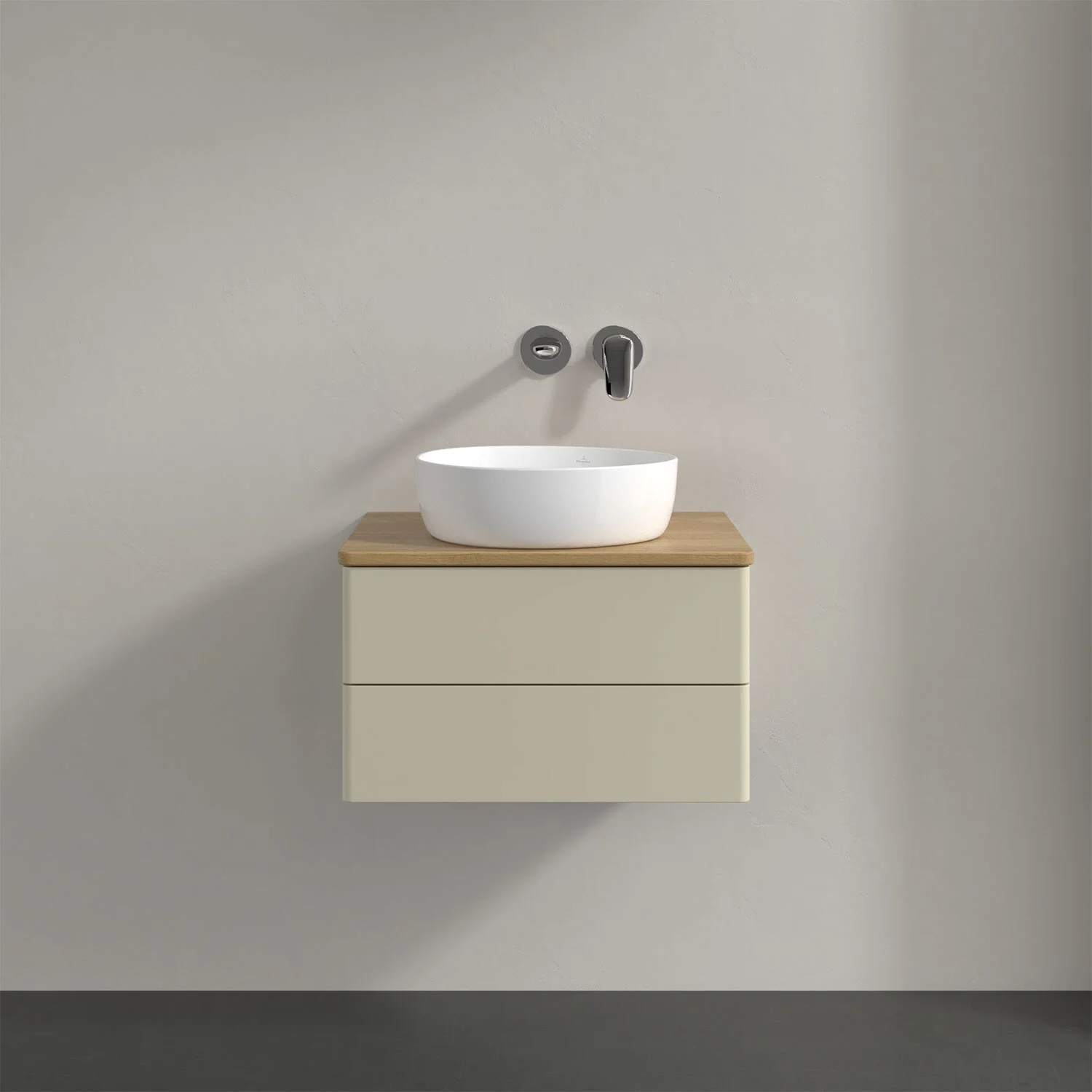 Umywalka z kremową szafką z bliska, Villeroy & Boch