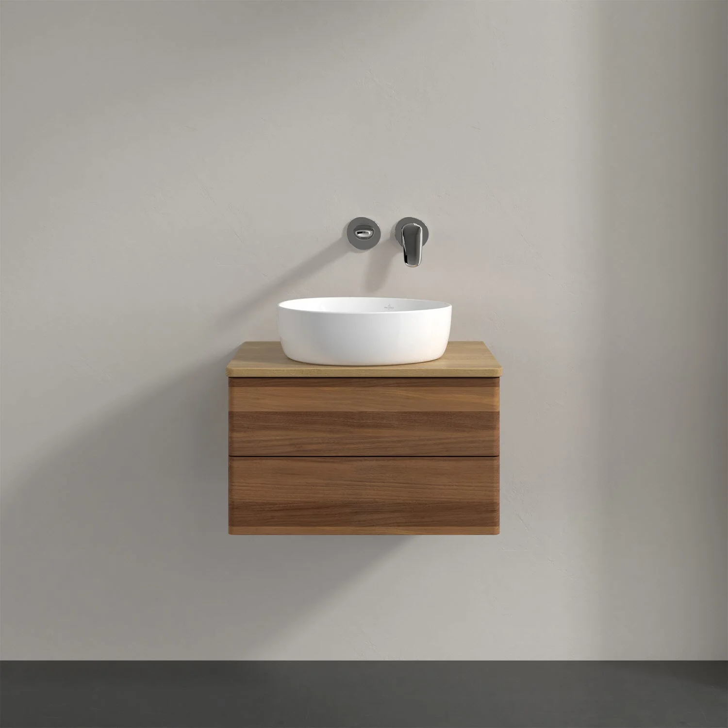 Umywalka z ciemną drewnianą szafką z bliska, Villeroy & Boch