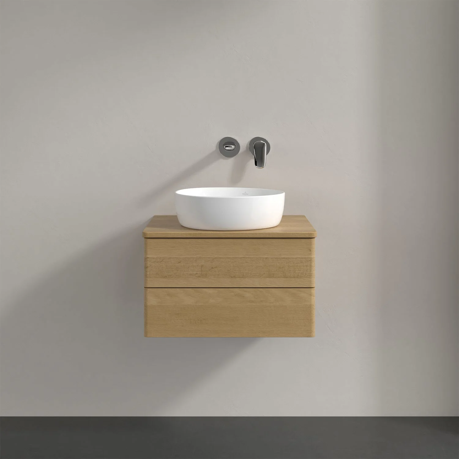 Umywalka z drewnianą szafką z bliska, Villeroy & Boch