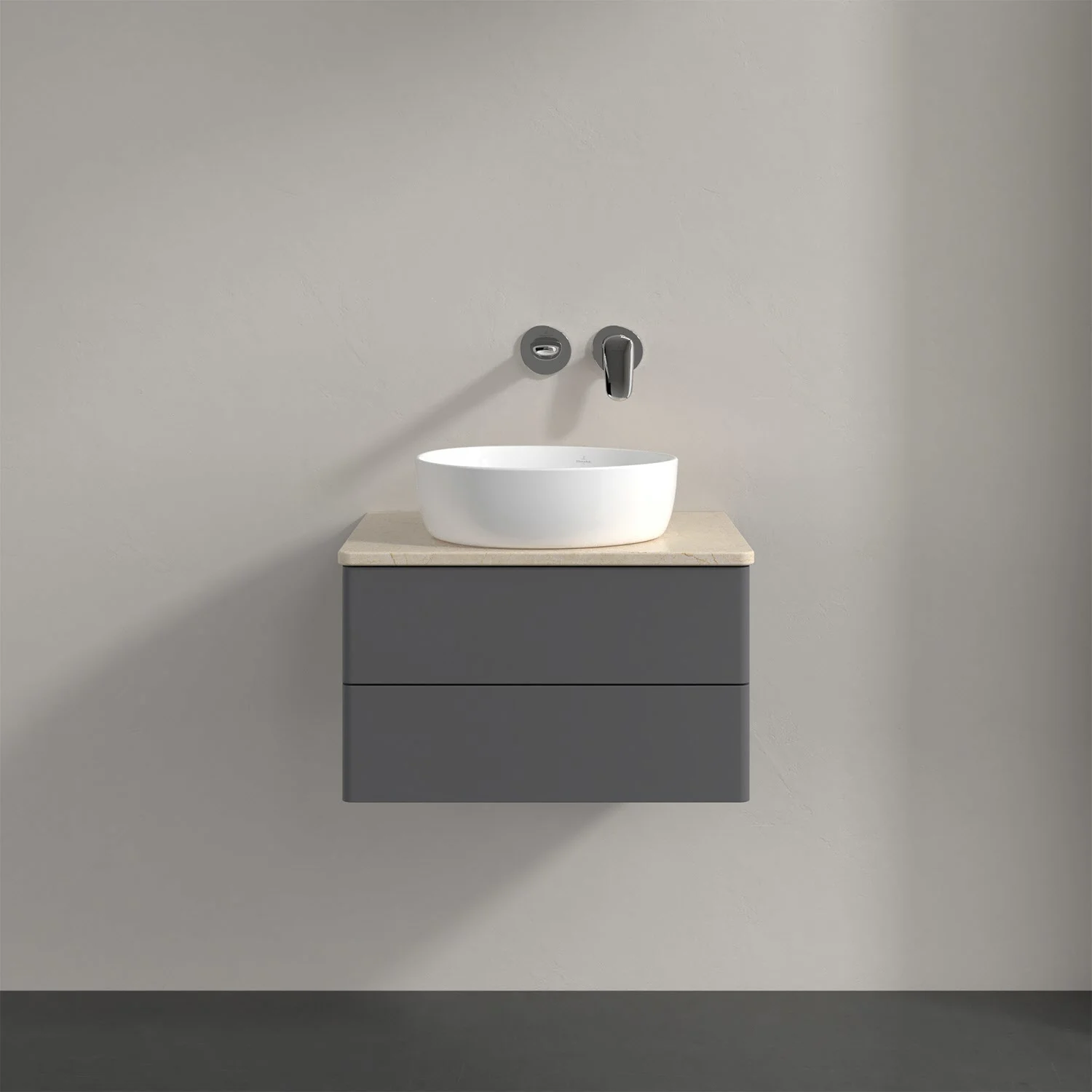 Szara umywalka z baterią ścienną w łazience, Villeroy & Boch