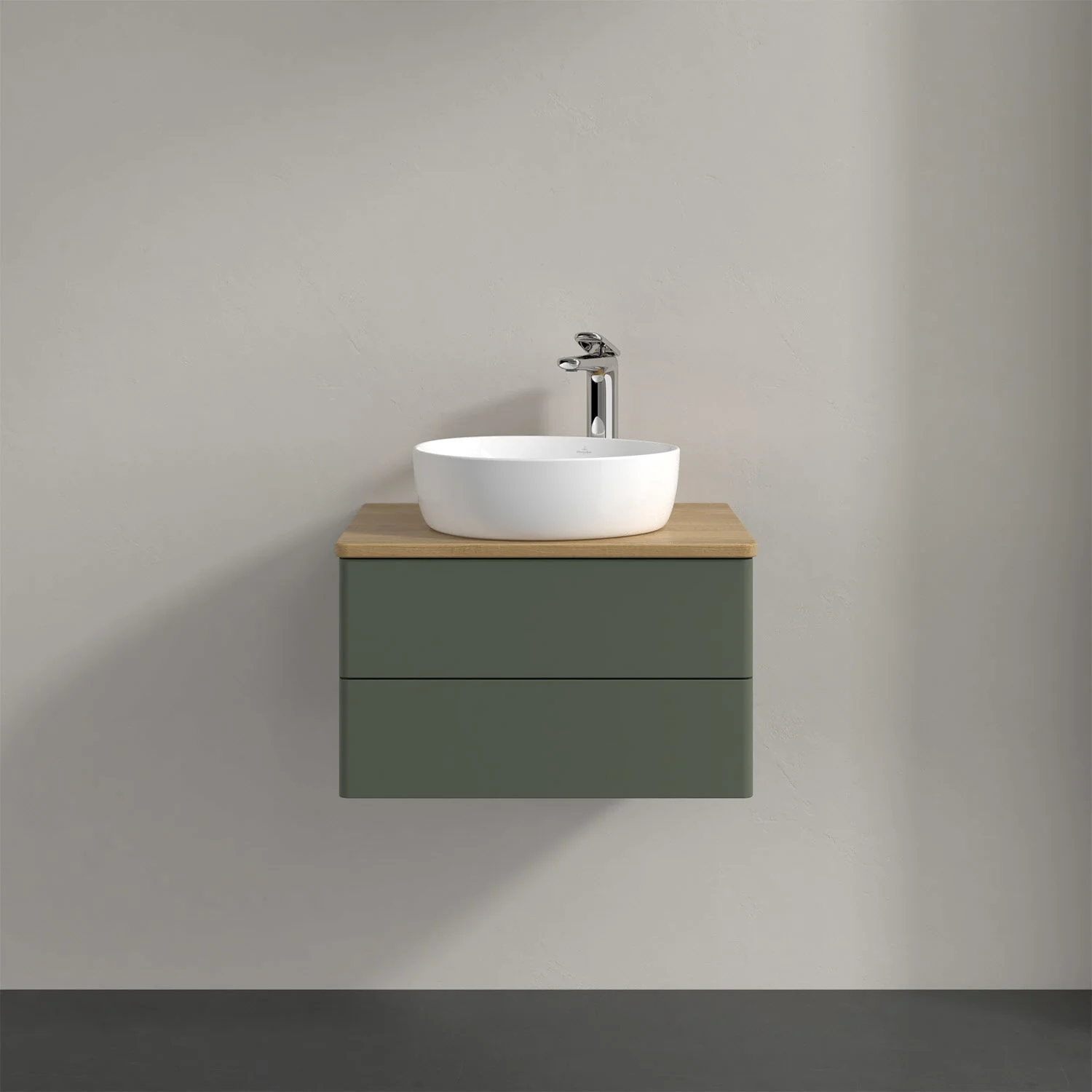 Zielona umywalka z drewnianym blatem zbliżenie, Villeroy & Boch