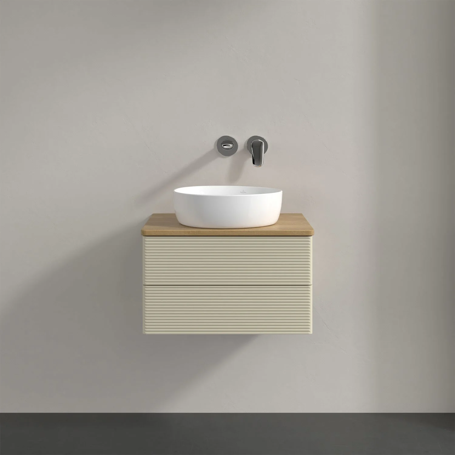 Umywalka z kremową szafką i drewnianym blatem, Villeroy & Boch
