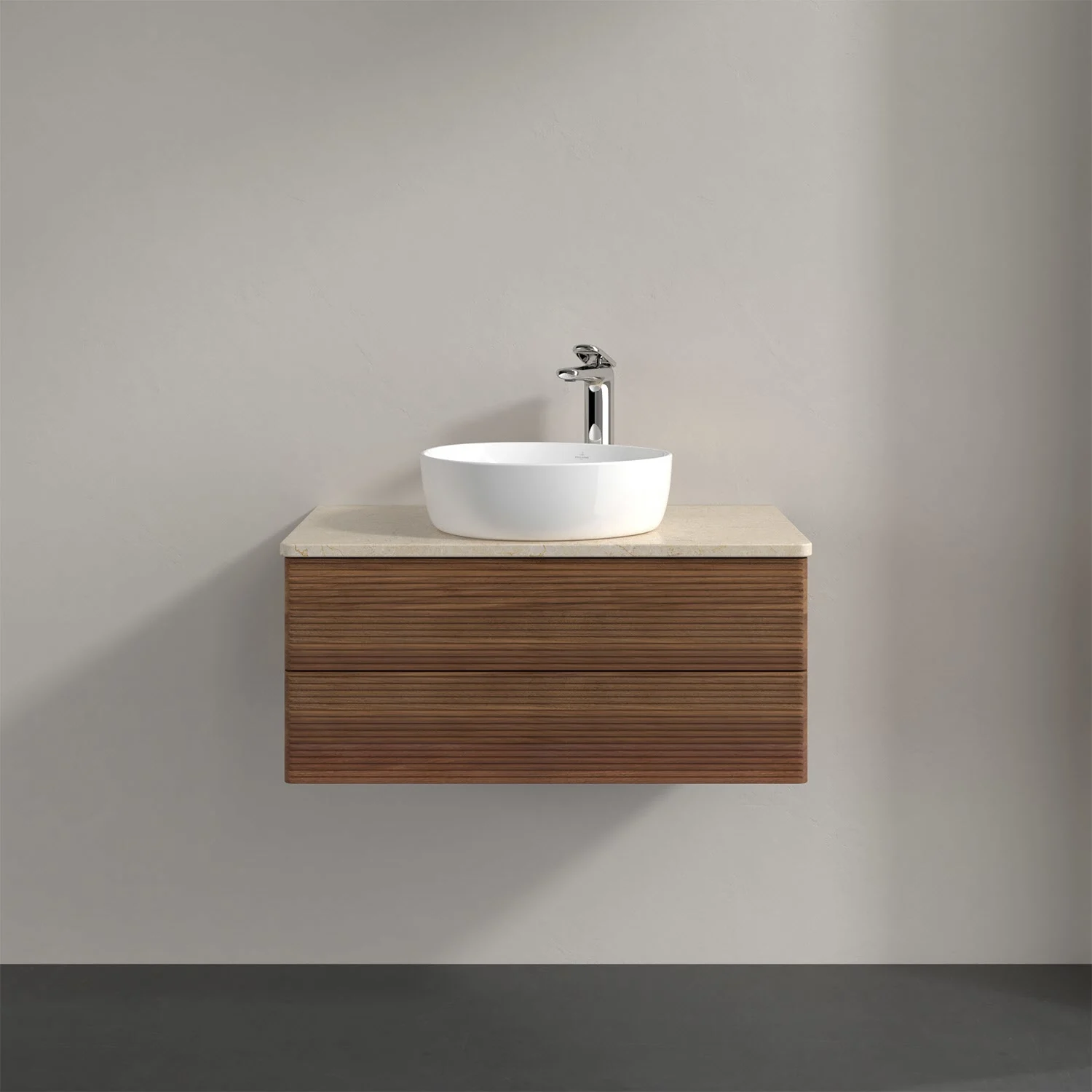 Umywalka z ciemną drewnianą szafką widok z przodu, Villeroy & Boch