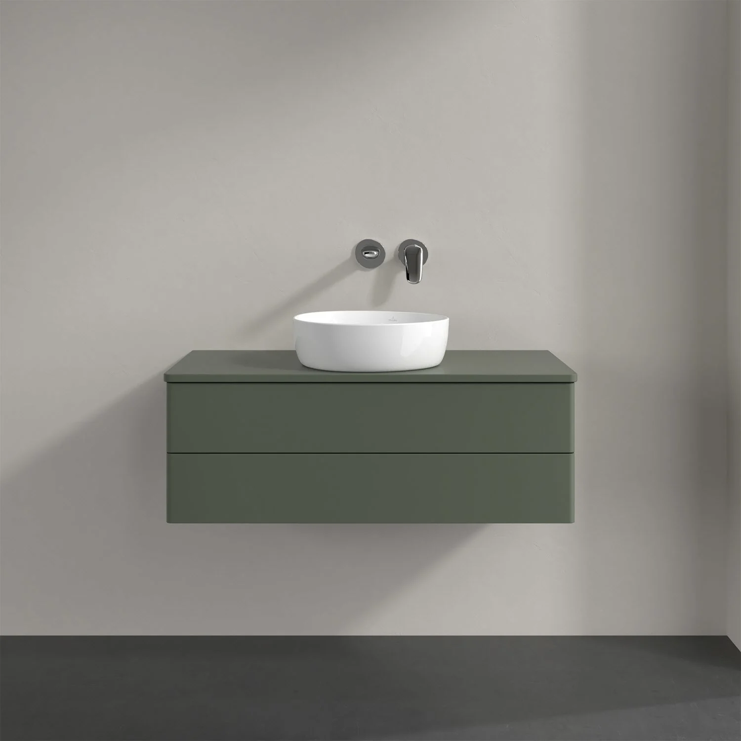 Zielone meble łazienkowe z umywalką z bliska, Villeroy & Boch