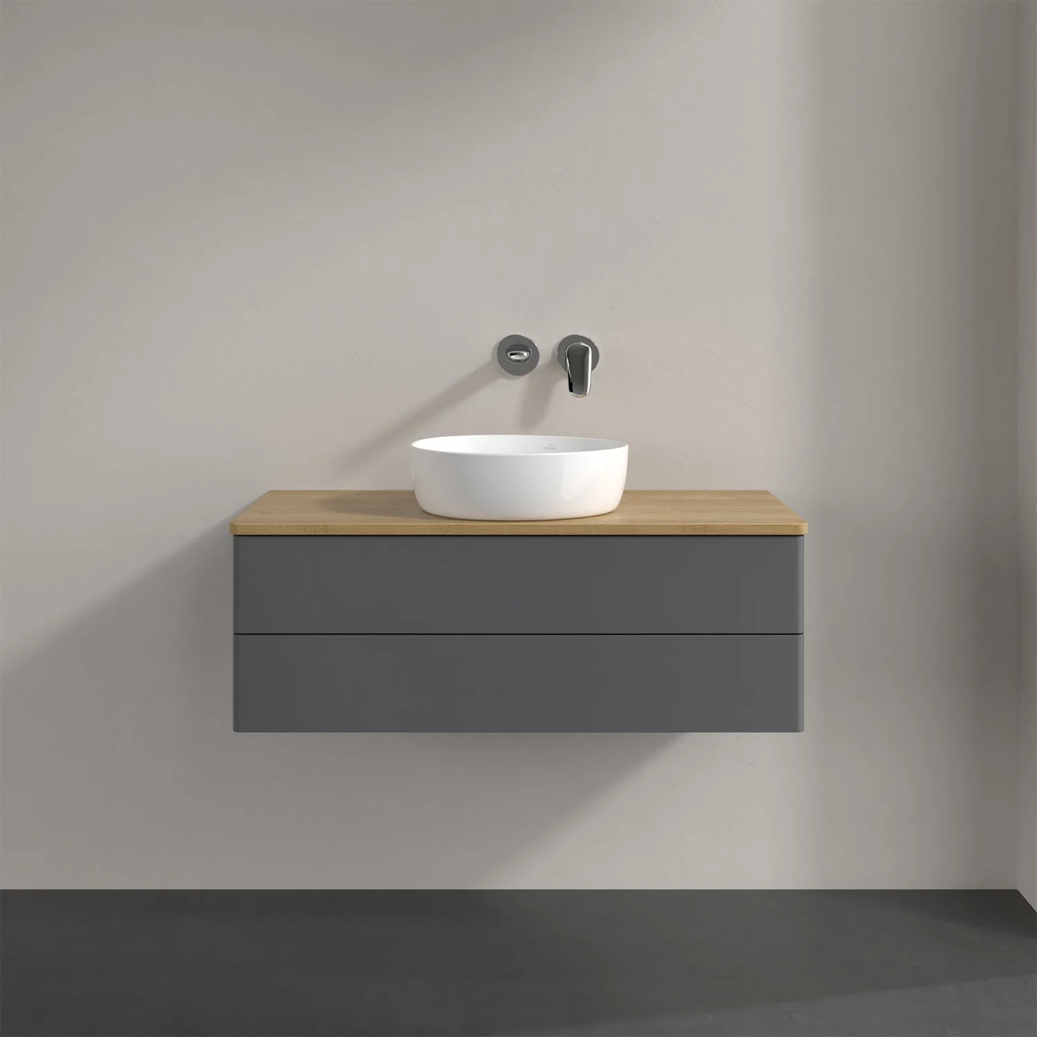 Umywalka z drewnianym blatem i białą umywalką, Villeroy & Boch