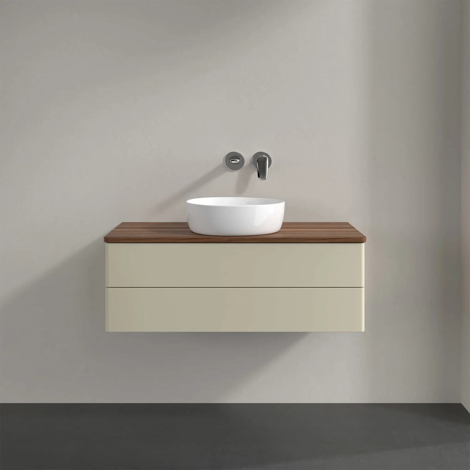 Umywalka z kremową szafką i drewnianym blatem, Villeroy & Boch