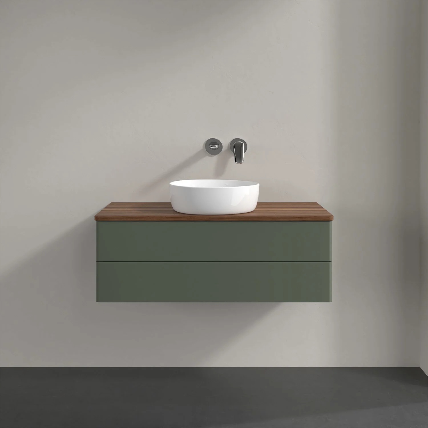 Umywalka z zieloną szafką i drewnianym blatem, Villeroy & Boch