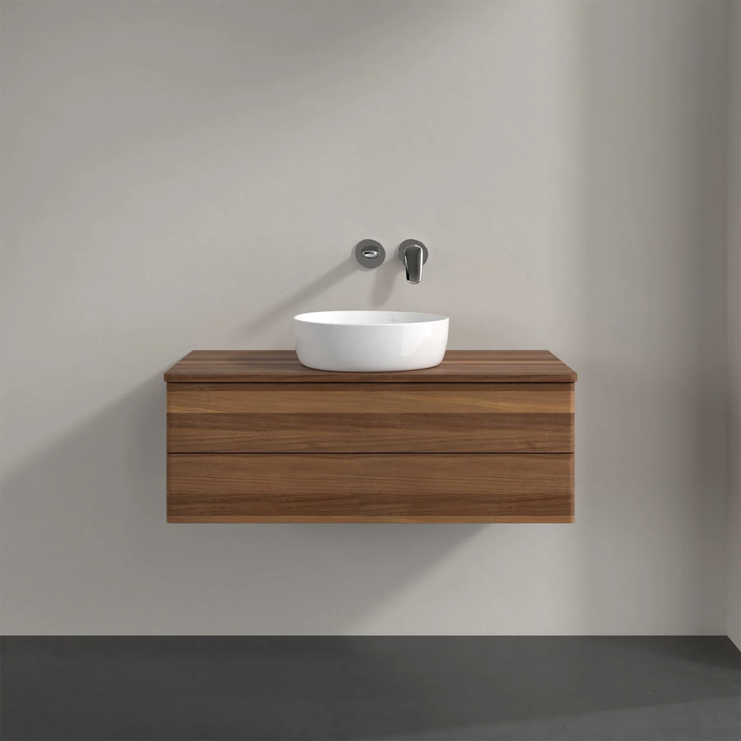 Umywalka z ciemną drewnianą szafką i drewnianym blatem, Villeroy & Boch