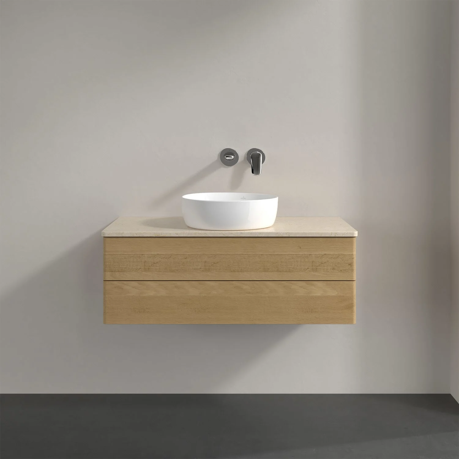 Drewniana umywalka z beżową umywalką, Villeroy & Boch