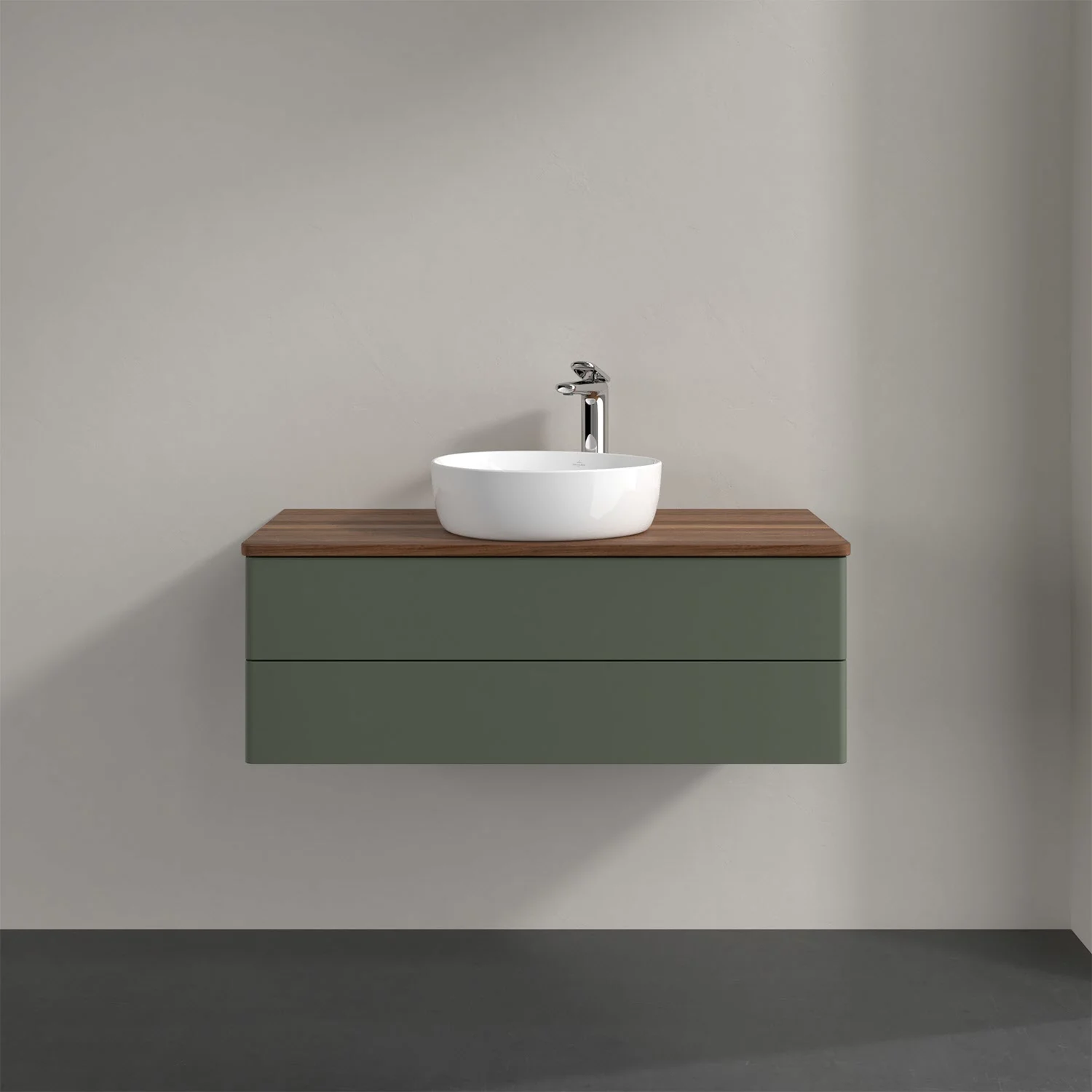 Zielone meble łazienkowe z umywalką z bliska, Villeroy & Boch