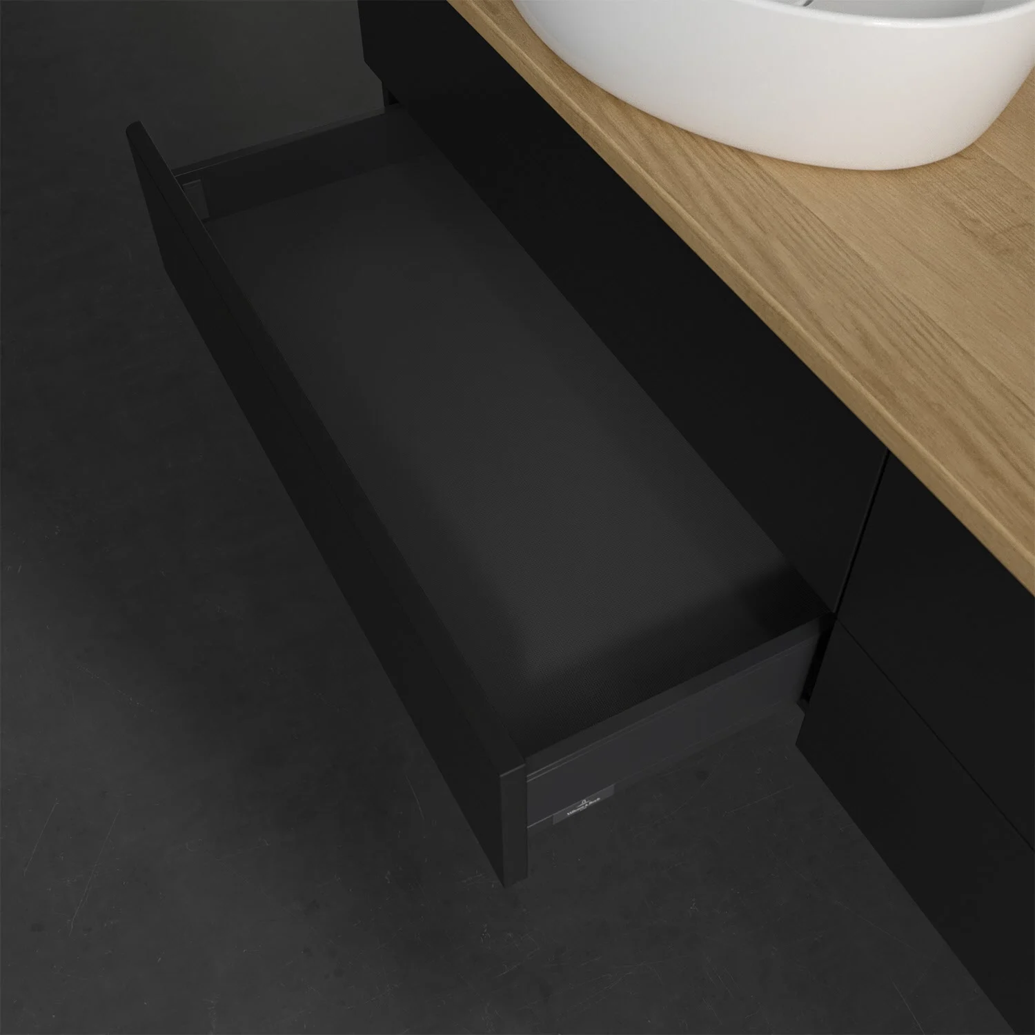 Otwarta szuflada pod umywalką z góry, Villeroy & Boch
