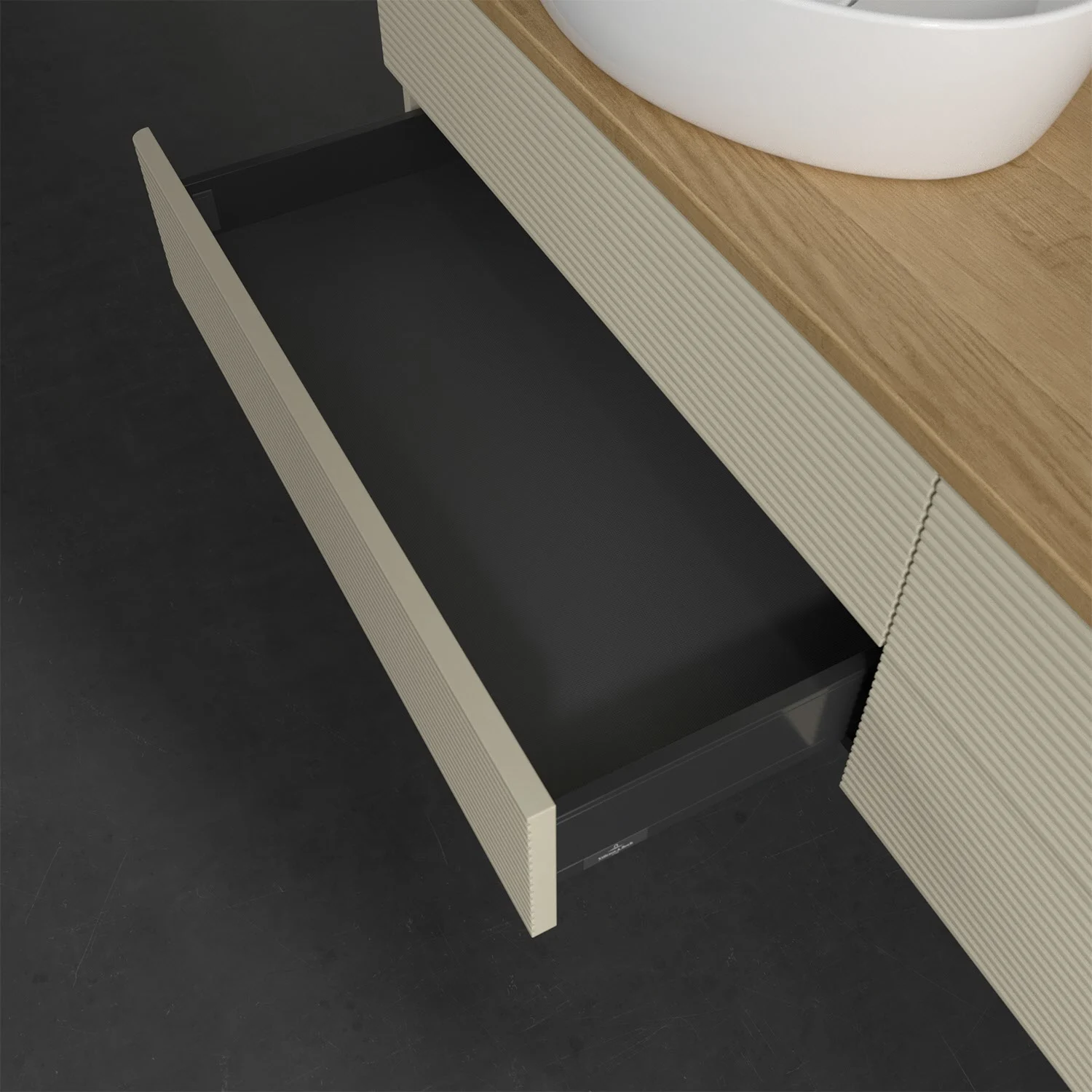 Otwarta szuflada pod umywalką z góry, Villeroy & Boch