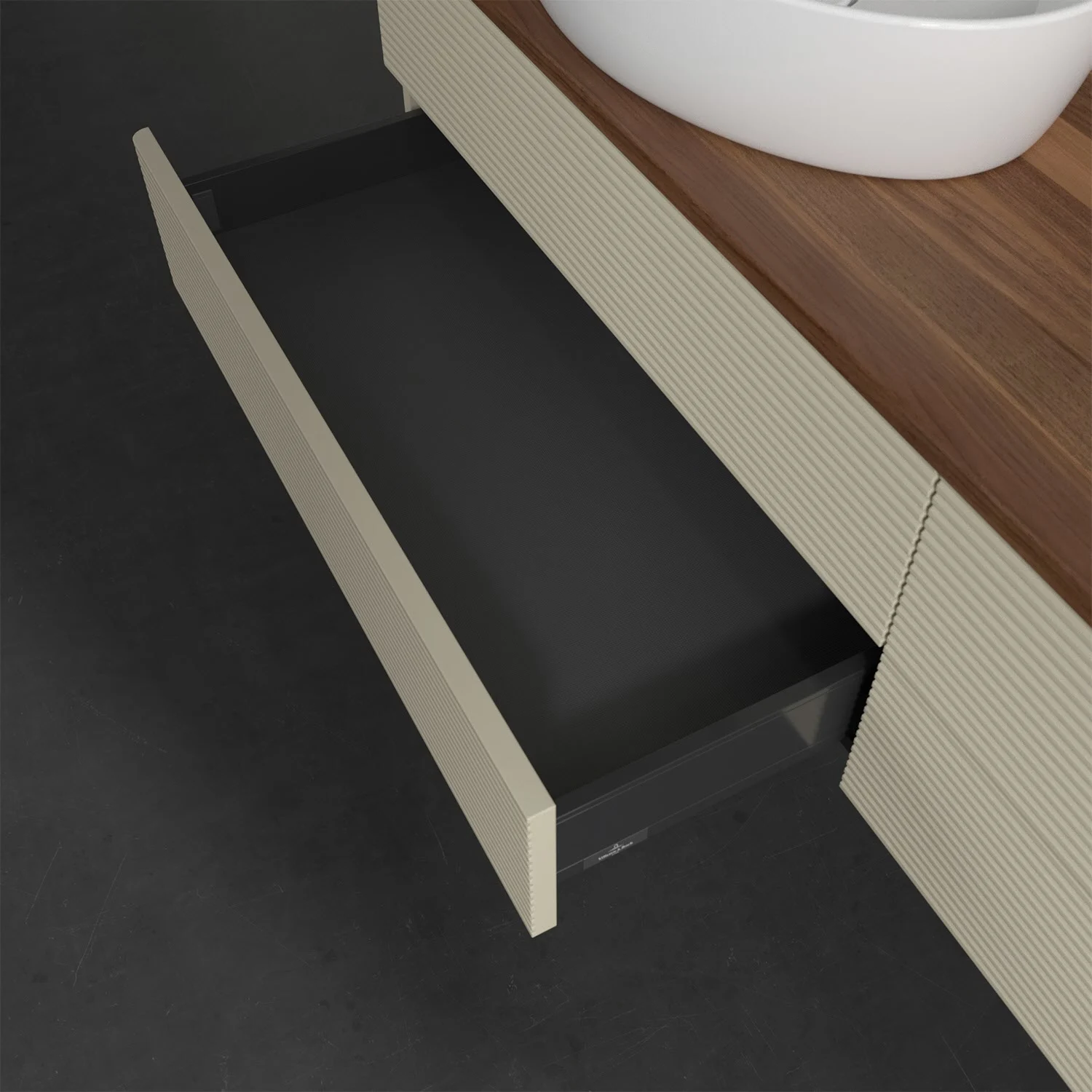Otwarta szuflada pod umywalką z góry, Villeroy & Boch