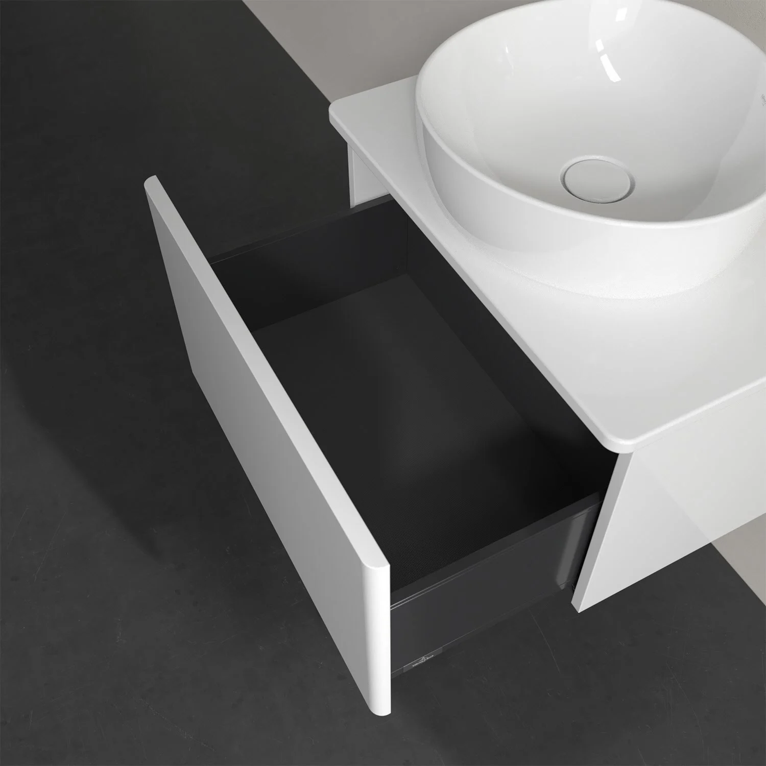 Otwarta szuflada pod umywalką w białym, Villeroy & Boch