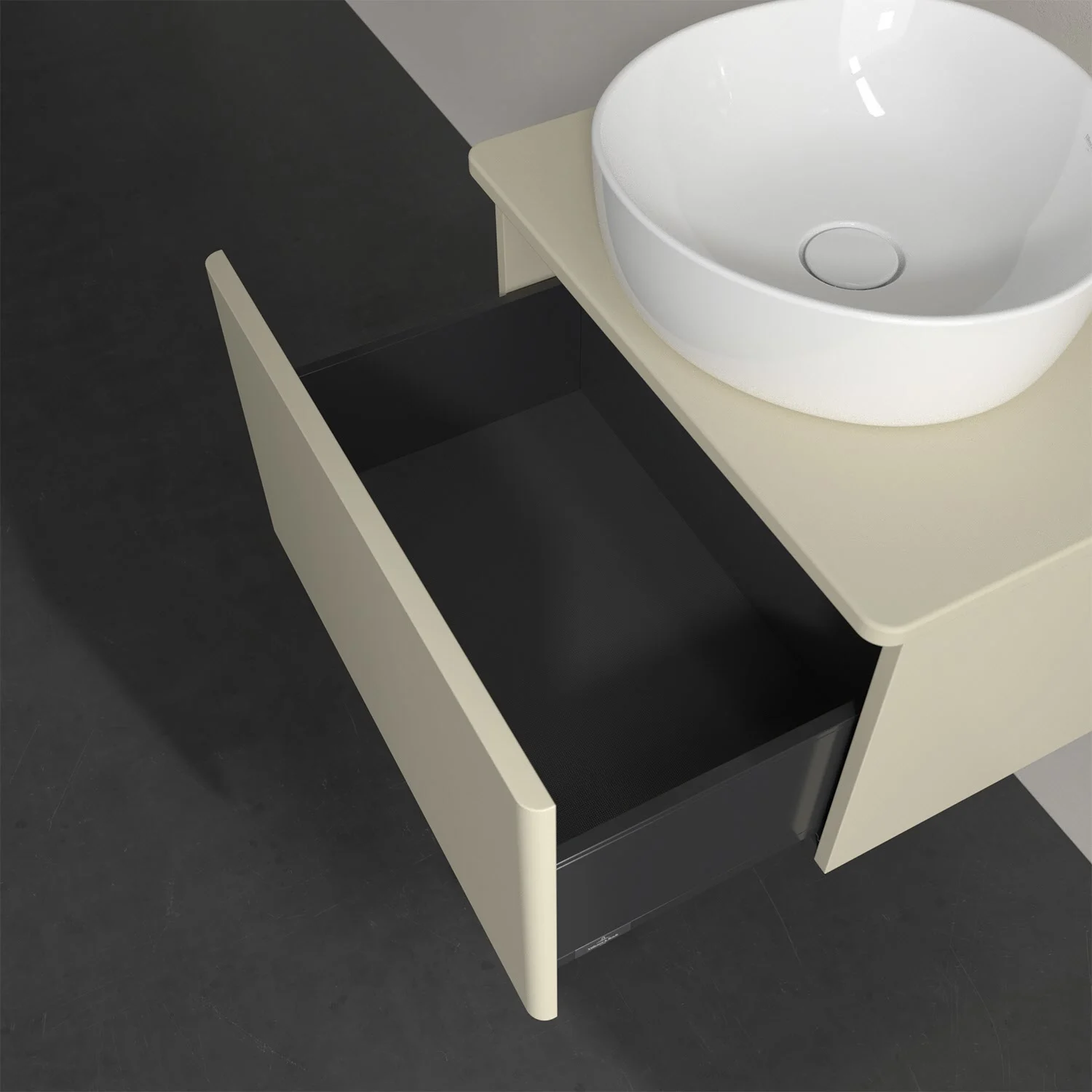 Otwarta szuflada pod kremową umywalką, Villeroy & Boch