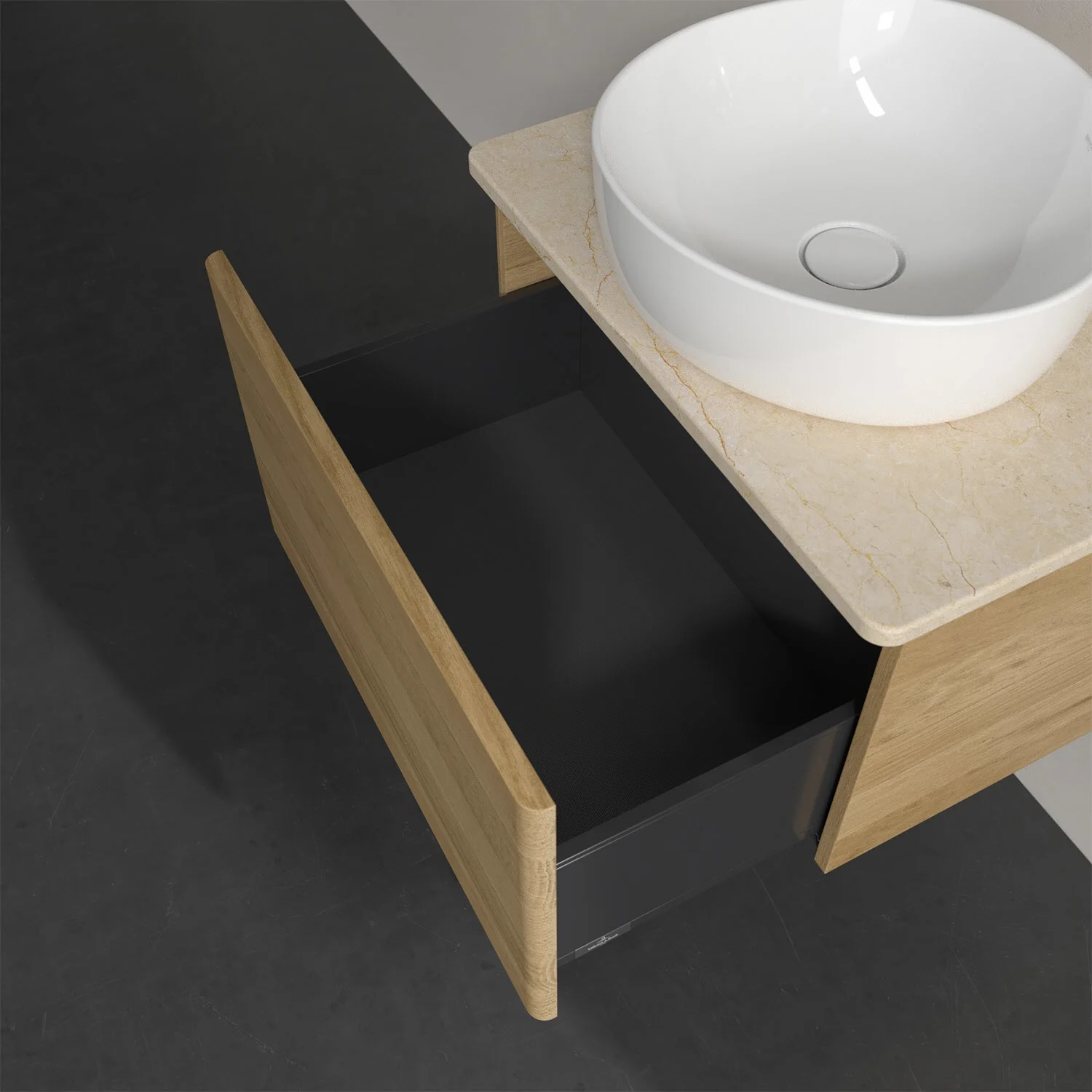 Otwarta szuflada pod umywalką z góry, Villeroy & Boch