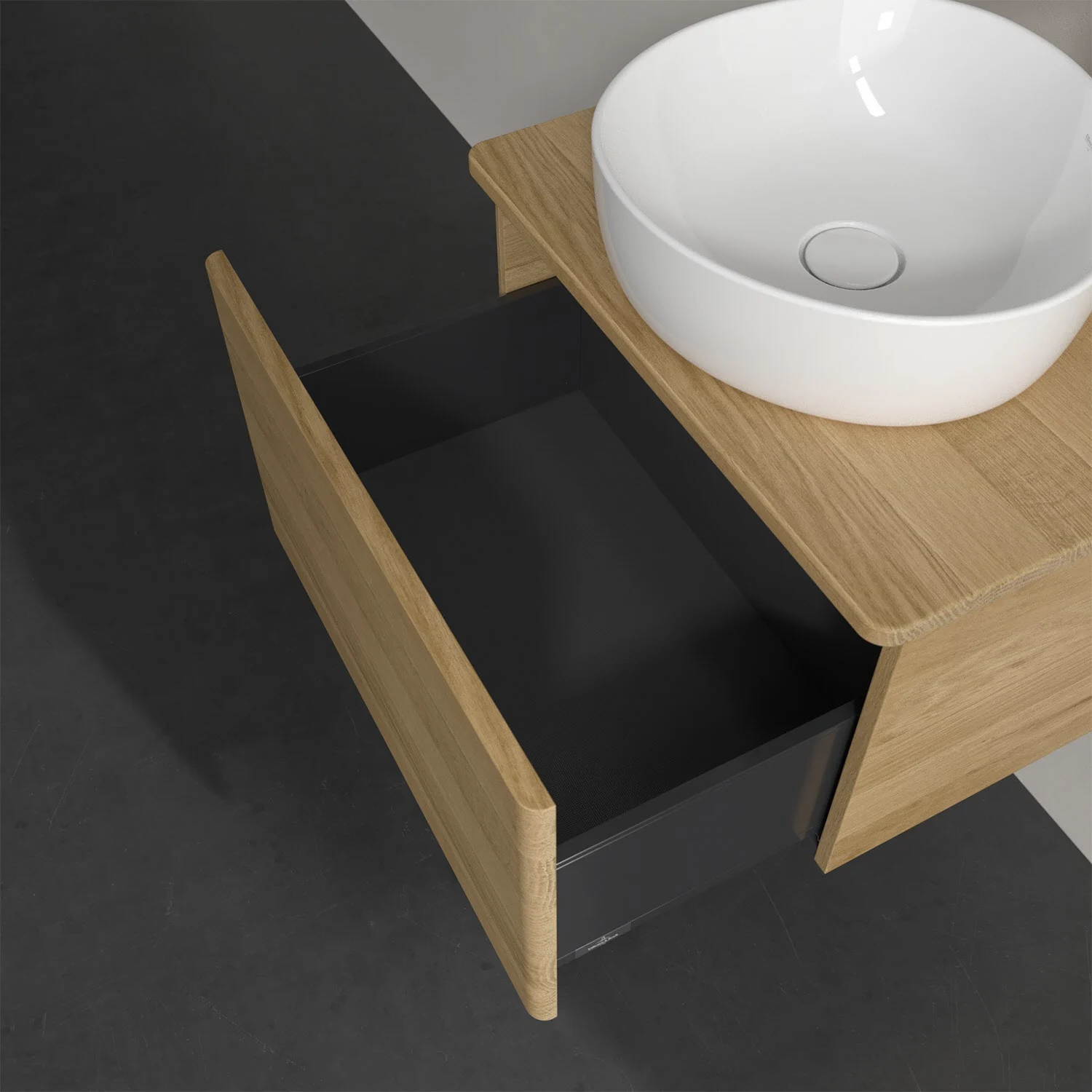 Otwarta szuflada pod umywalką z drewnianym frontem, Villeroy & Boch