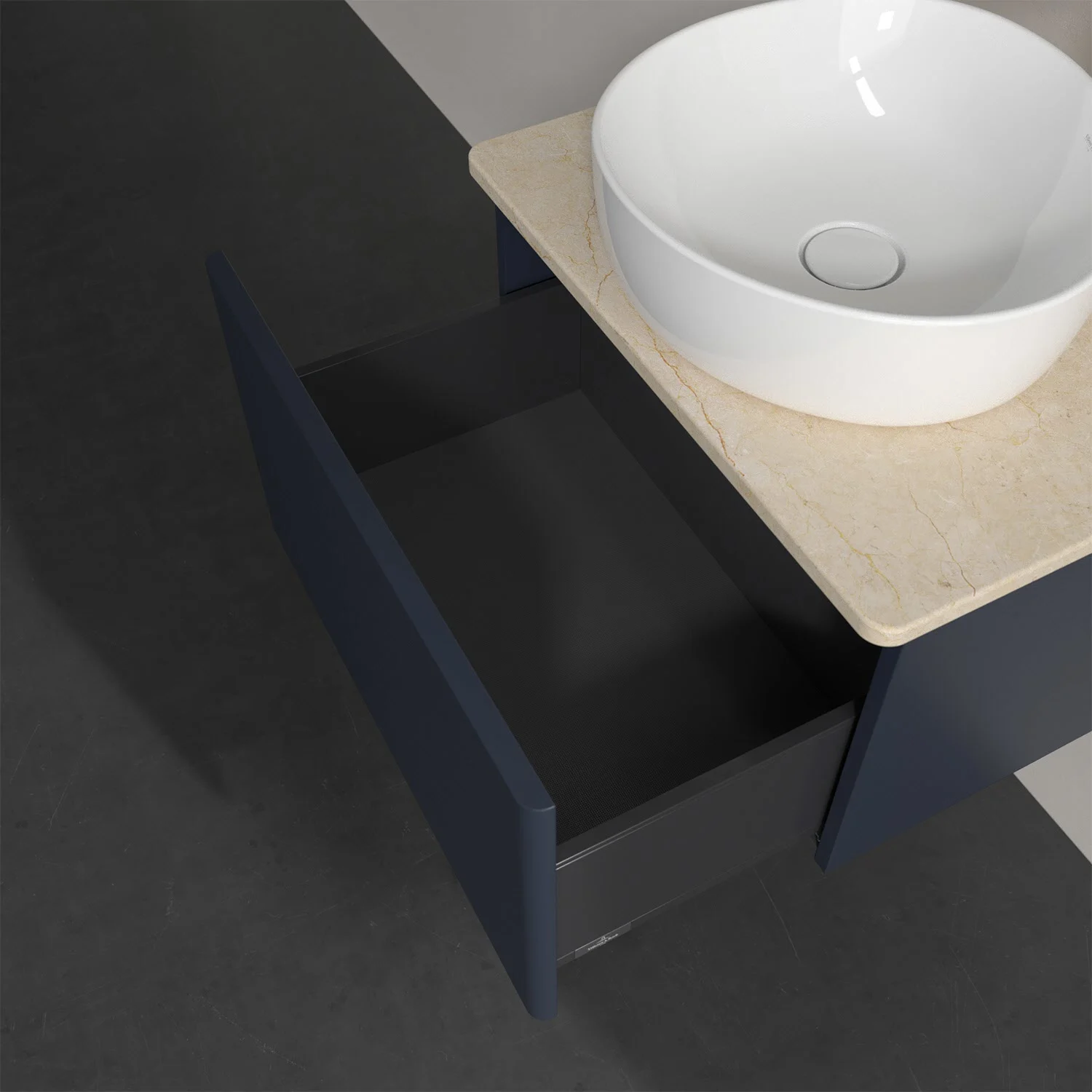 Umywalka z otwartą szufladą z bliska, Villeroy & Boch