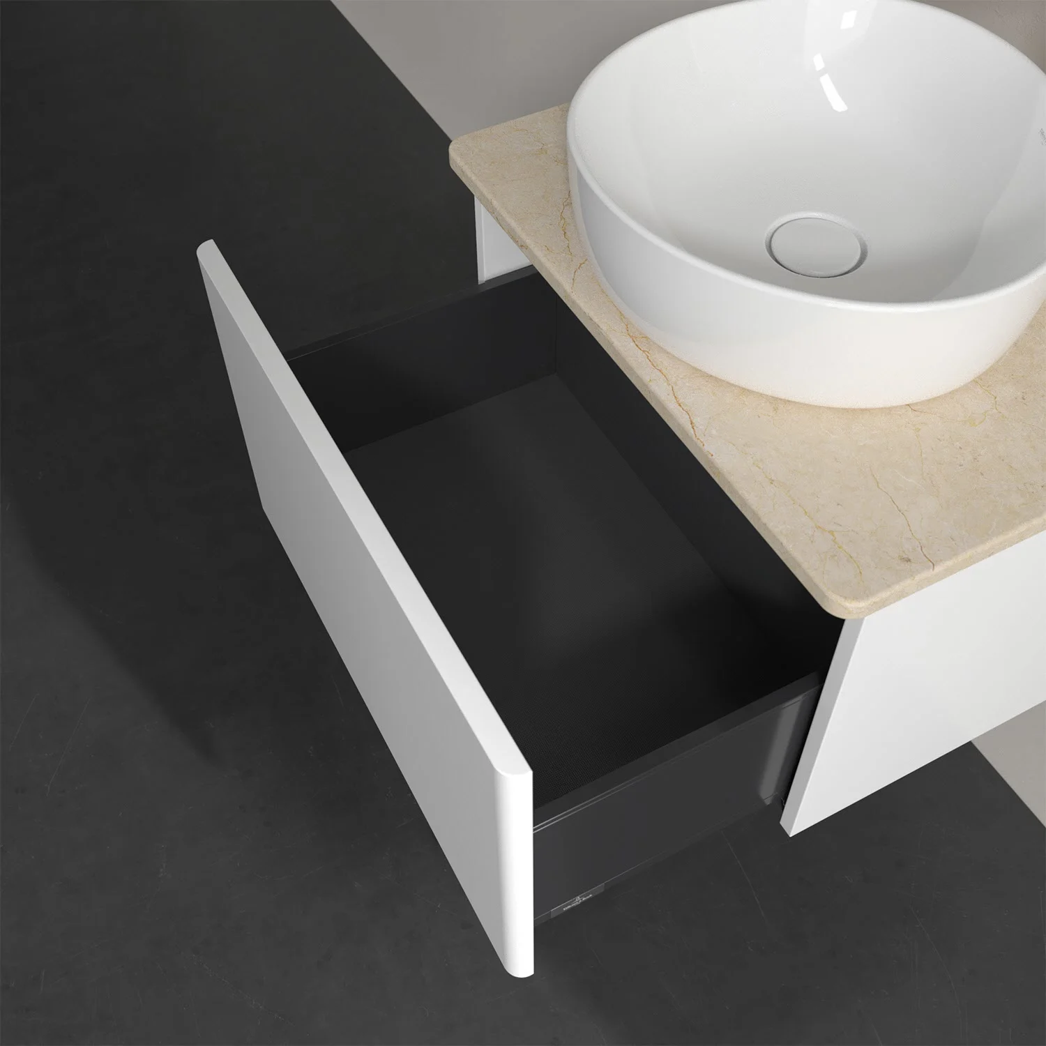 Umywalka z otwartą szufladą z bliska, Villeroy & Boch