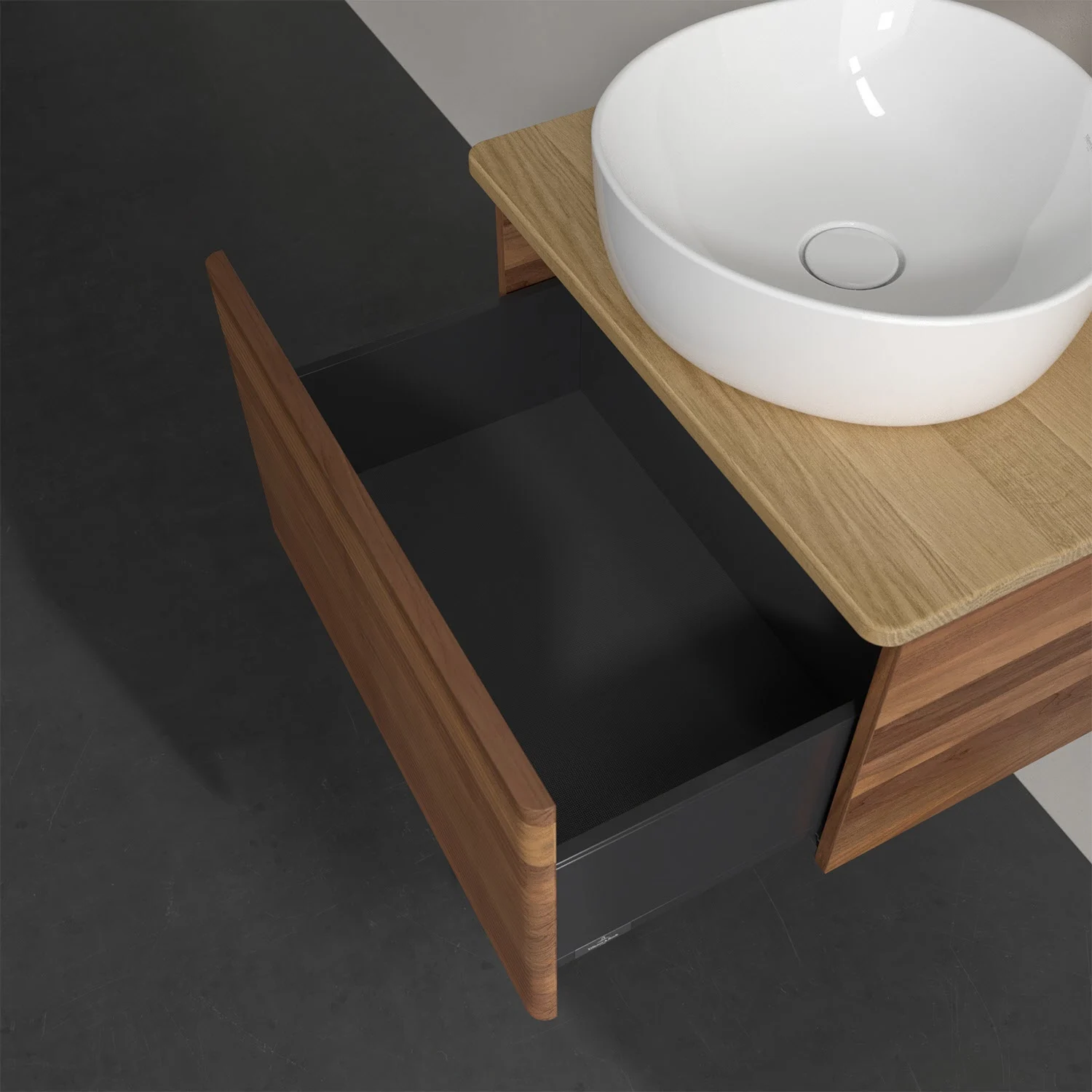 Otwarta szuflada pod umywalką z góry, Villeroy & Boch