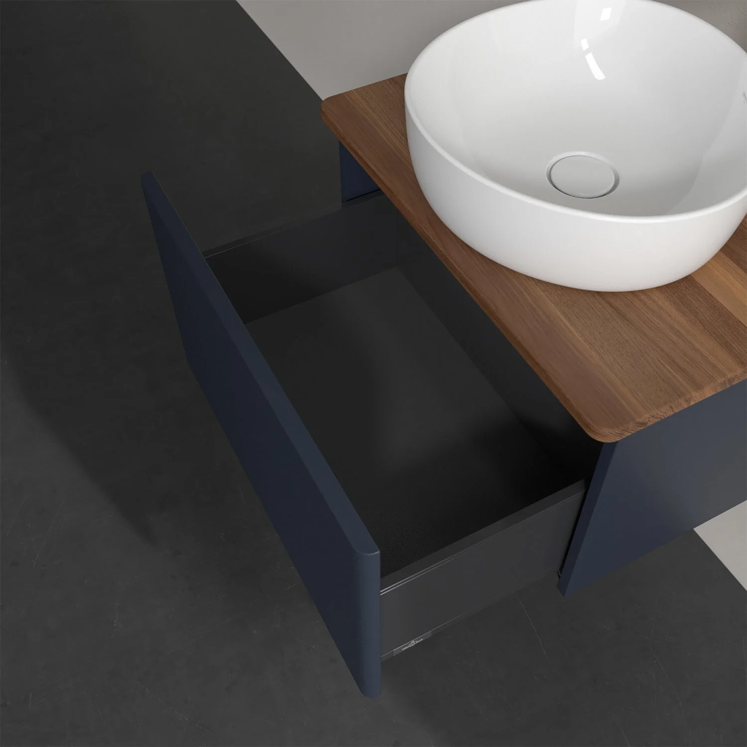 Otwarta szuflada pod umywalką z drewnianym blatem, Villeroy & Boch
