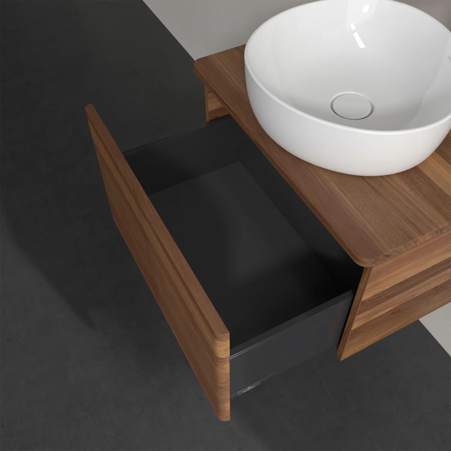 Drewniana umywalka z otwartą szufladą zbliżenie, Villeroy & Boch