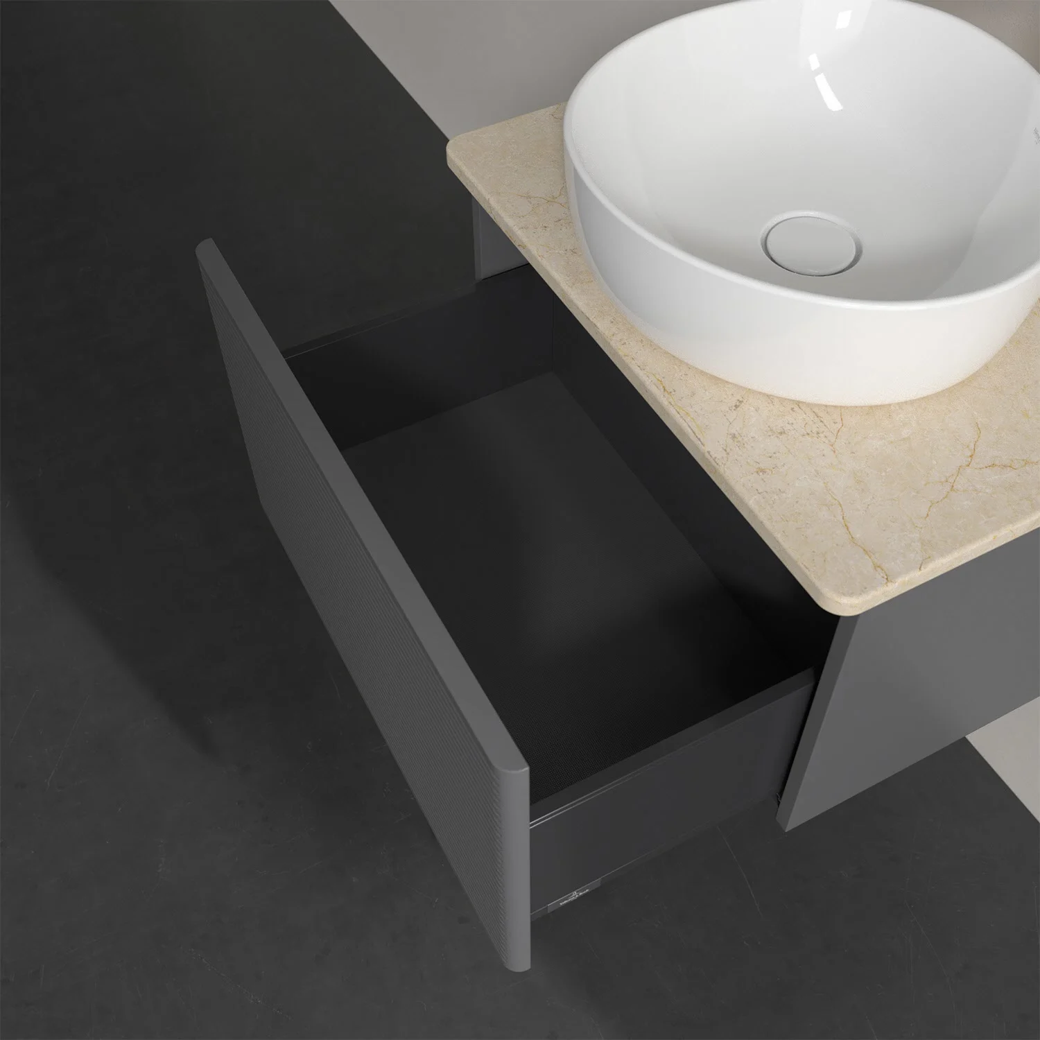 Otwarta szuflada pod umywalką z bliska, Villeroy & Boch