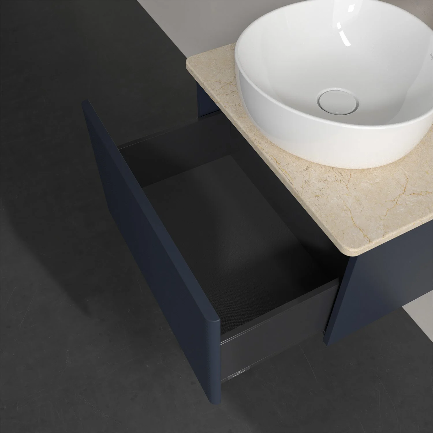 Otwarta szuflada pod umywalką z bliska, Villeroy & Boch
