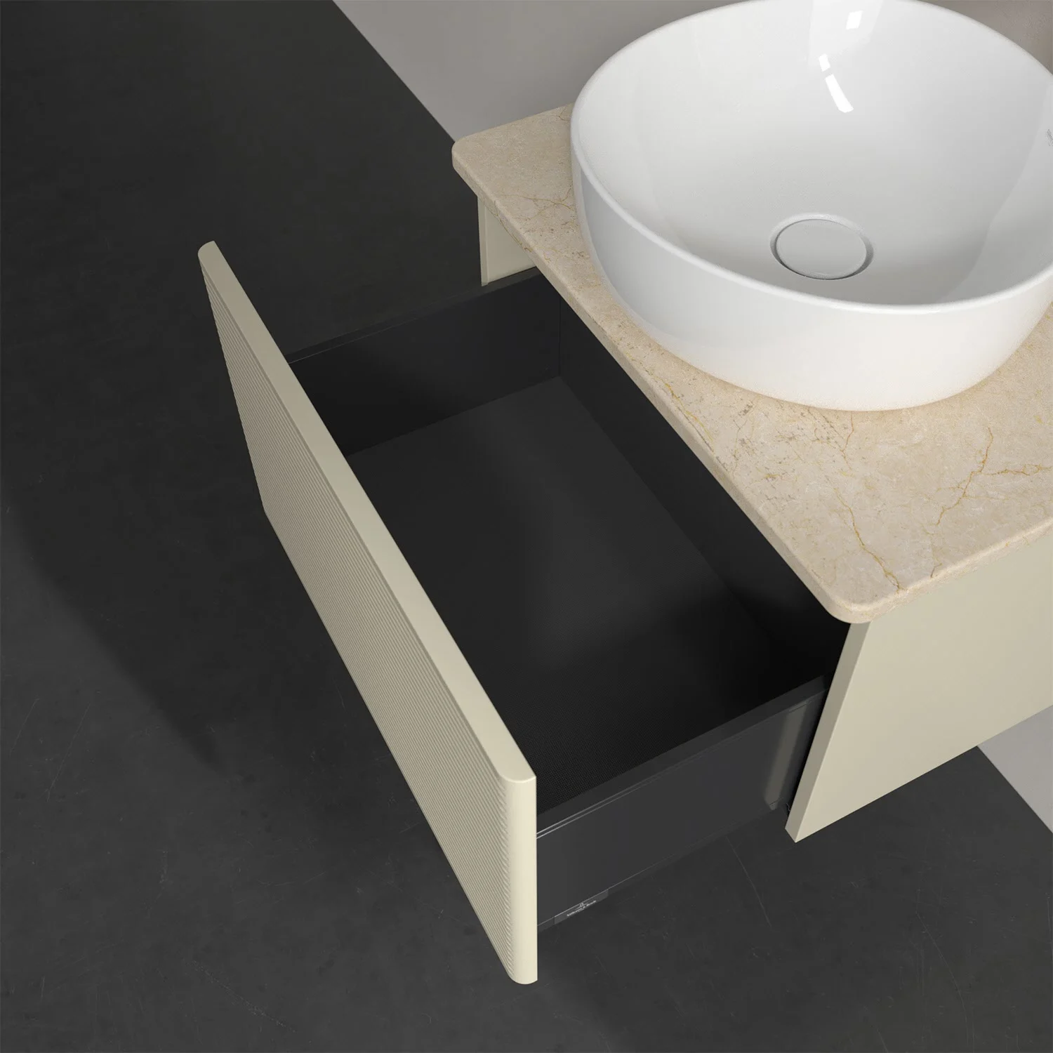 Otwarta szuflada pod umywalką z bliska, Villeroy & Boch