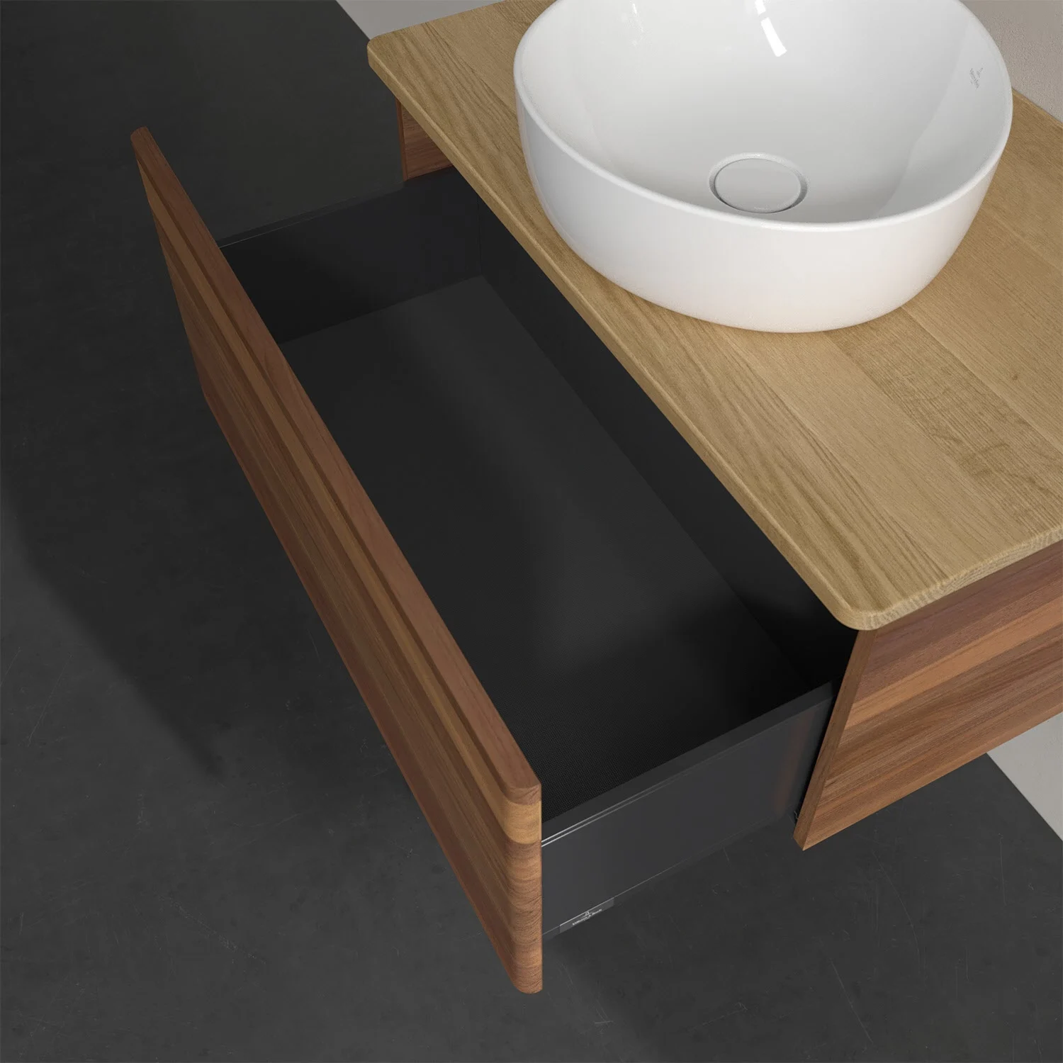 Otwarta szuflada pod umywalką z góry, Villeroy & Boch
