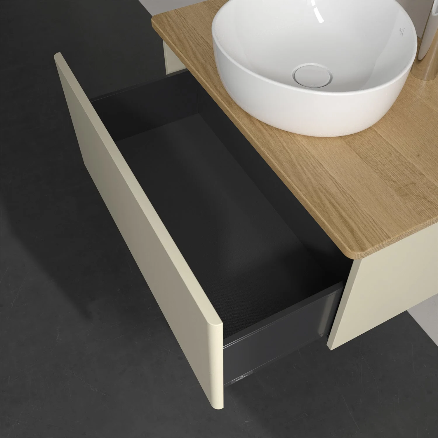 Otwarta szuflada pod umywalką w zbliżeniu, Villeroy & Boch