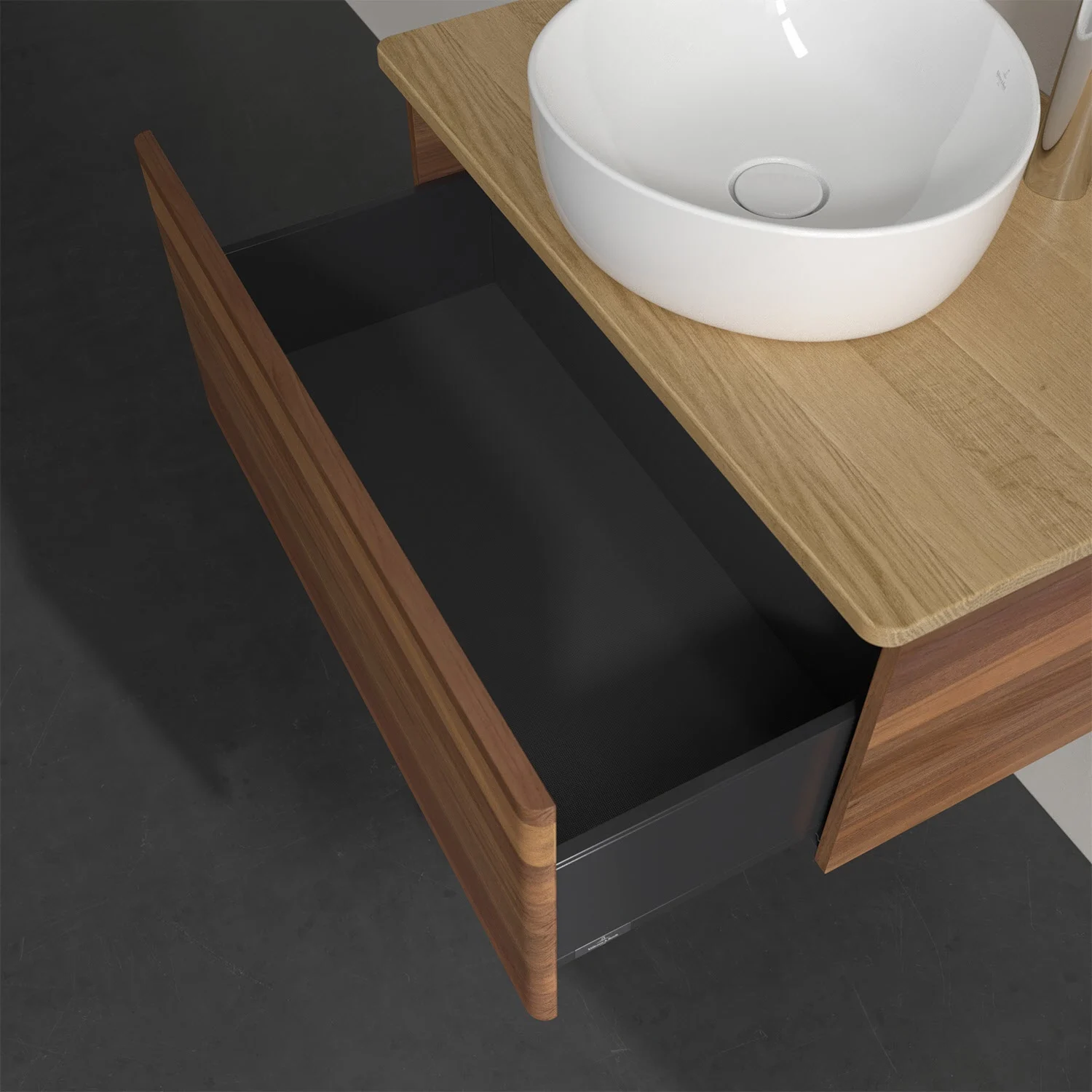 Umywalka z drewnianą powierzchnią i otwartą szufladą, Villeroy & Boch