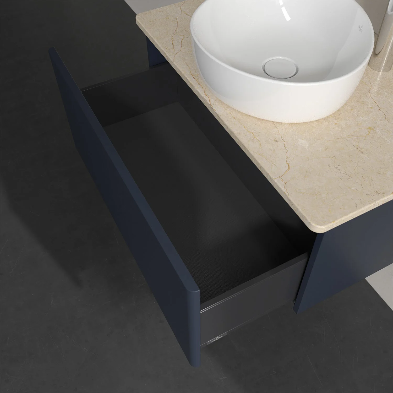 Otwarta szuflada pod umywalką z białą umywalką, Villeroy & Boch