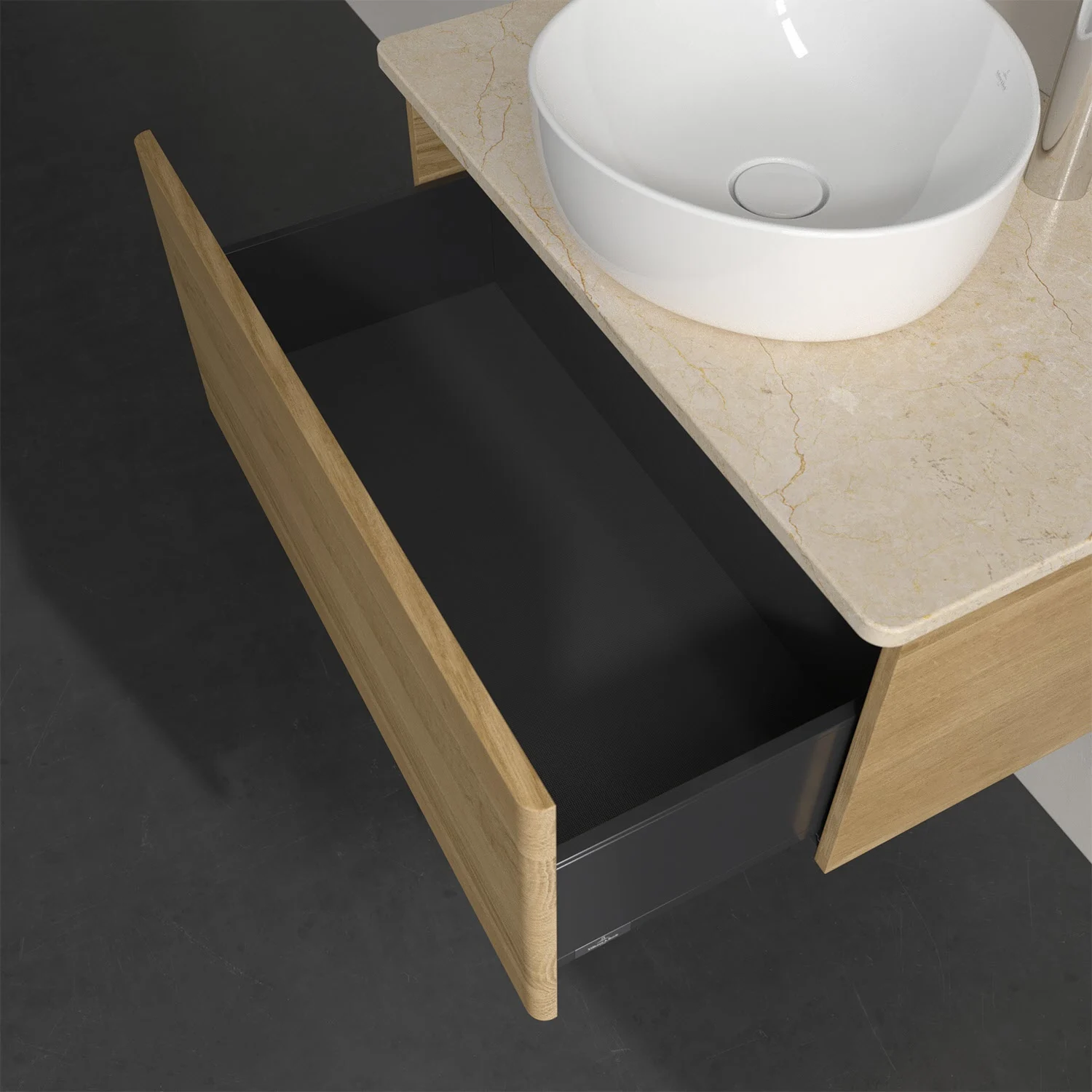 Otwarta szuflada pod umywalką z marmurowym blatem, Villeroy & Boch