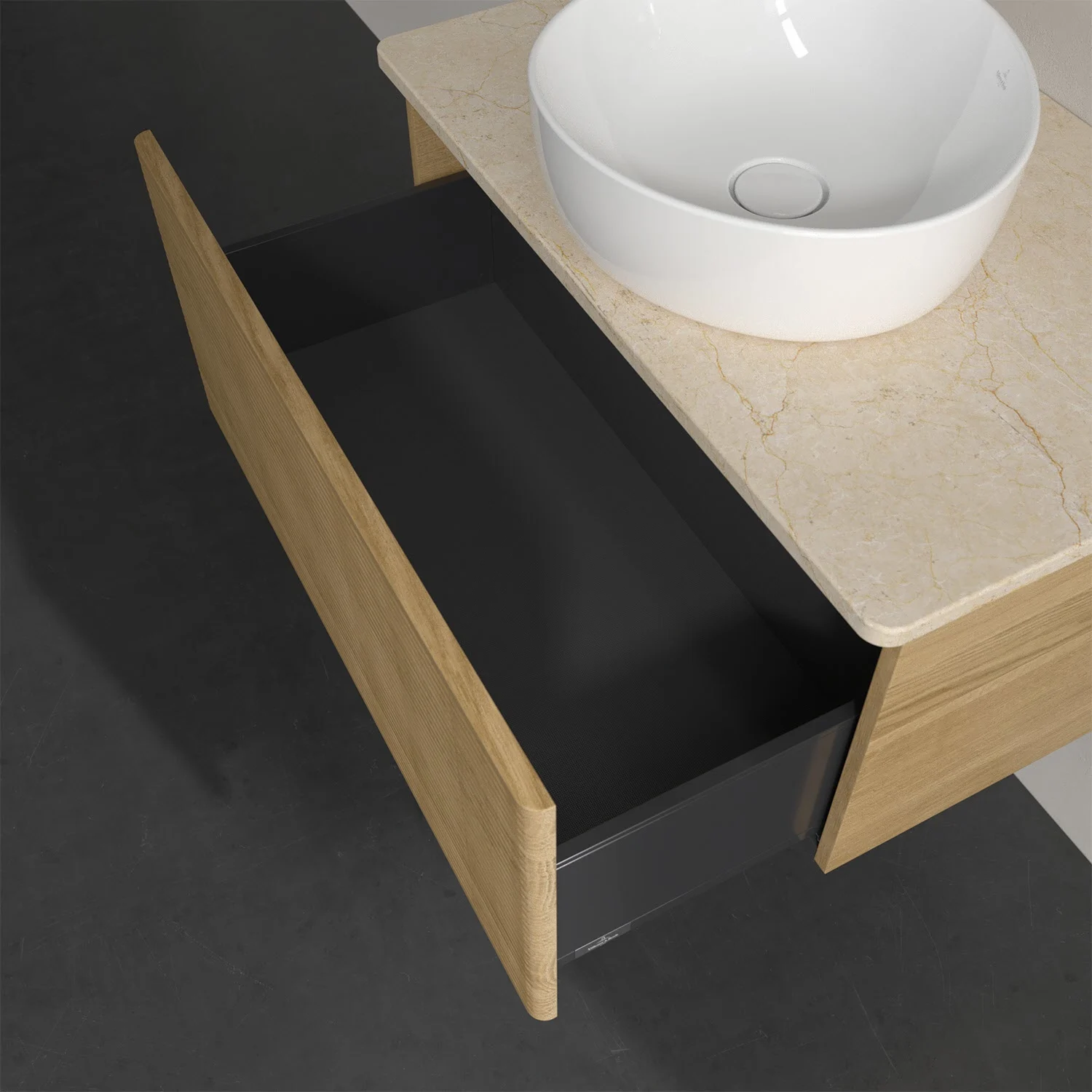 Umywalka z drewnianą szufladą i beżową umywalką, Villeroy & Boch