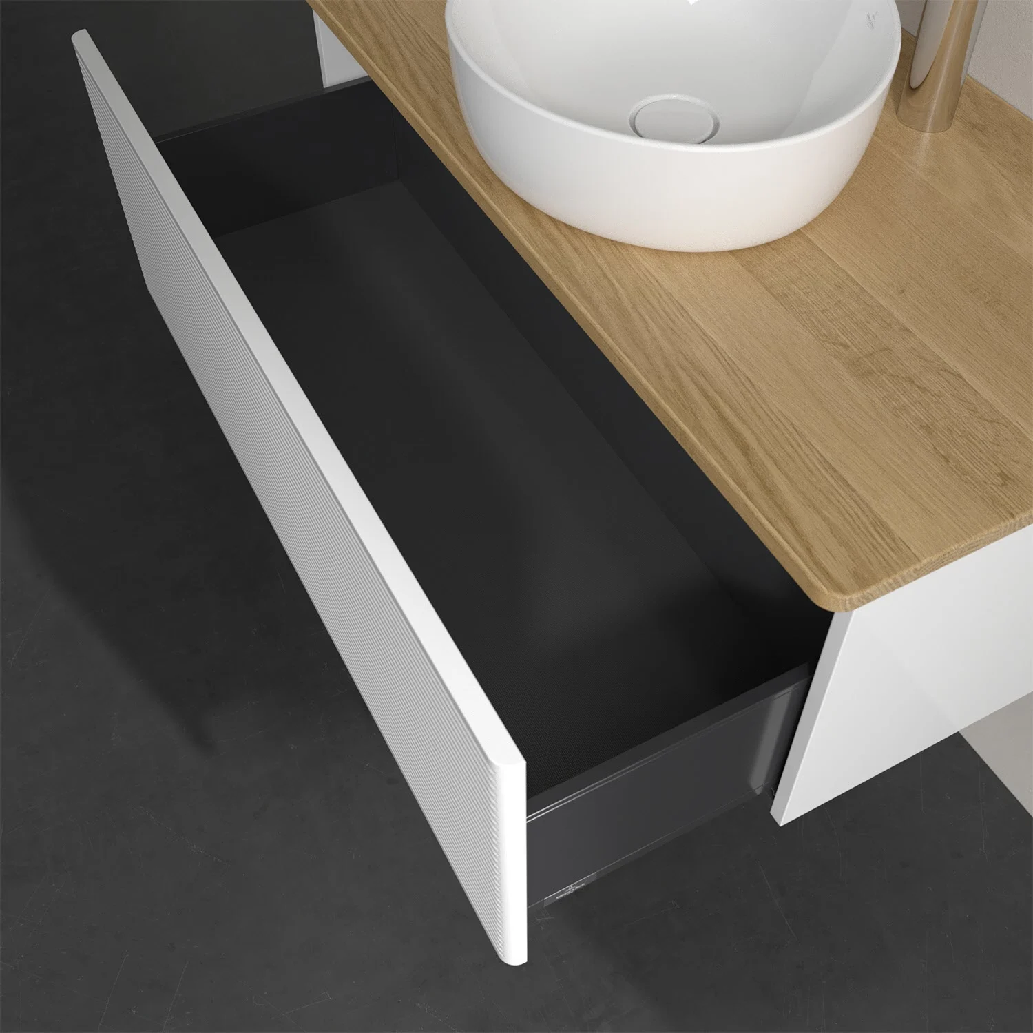 Otwarta szuflada pod umywalką z góry, Villeroy & Boch