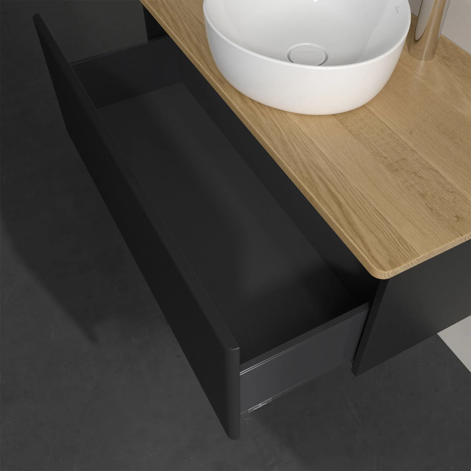 Otwarta szuflada z czarną umywalką z góry, Villeroy & Boch