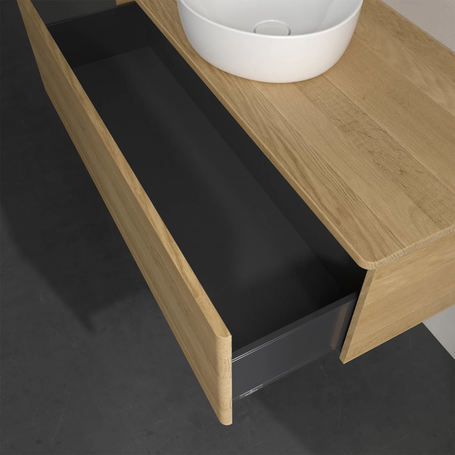 Umywalka z drewnianą szufladą i drewnianą powierzchnią, Villeroy & Boch