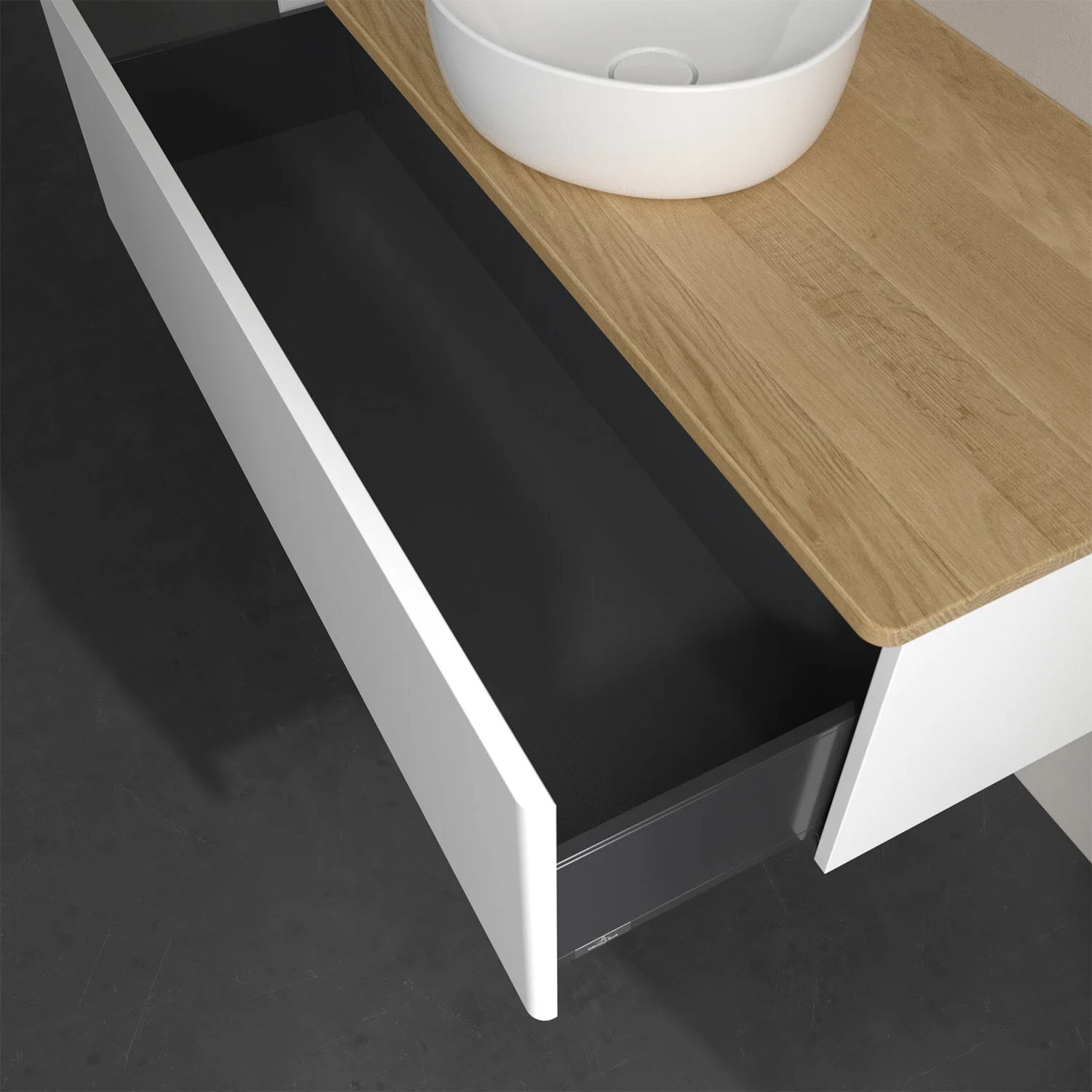 Umywalka z białą szufladą i drewnianą powierzchnią, Villeroy & Boch