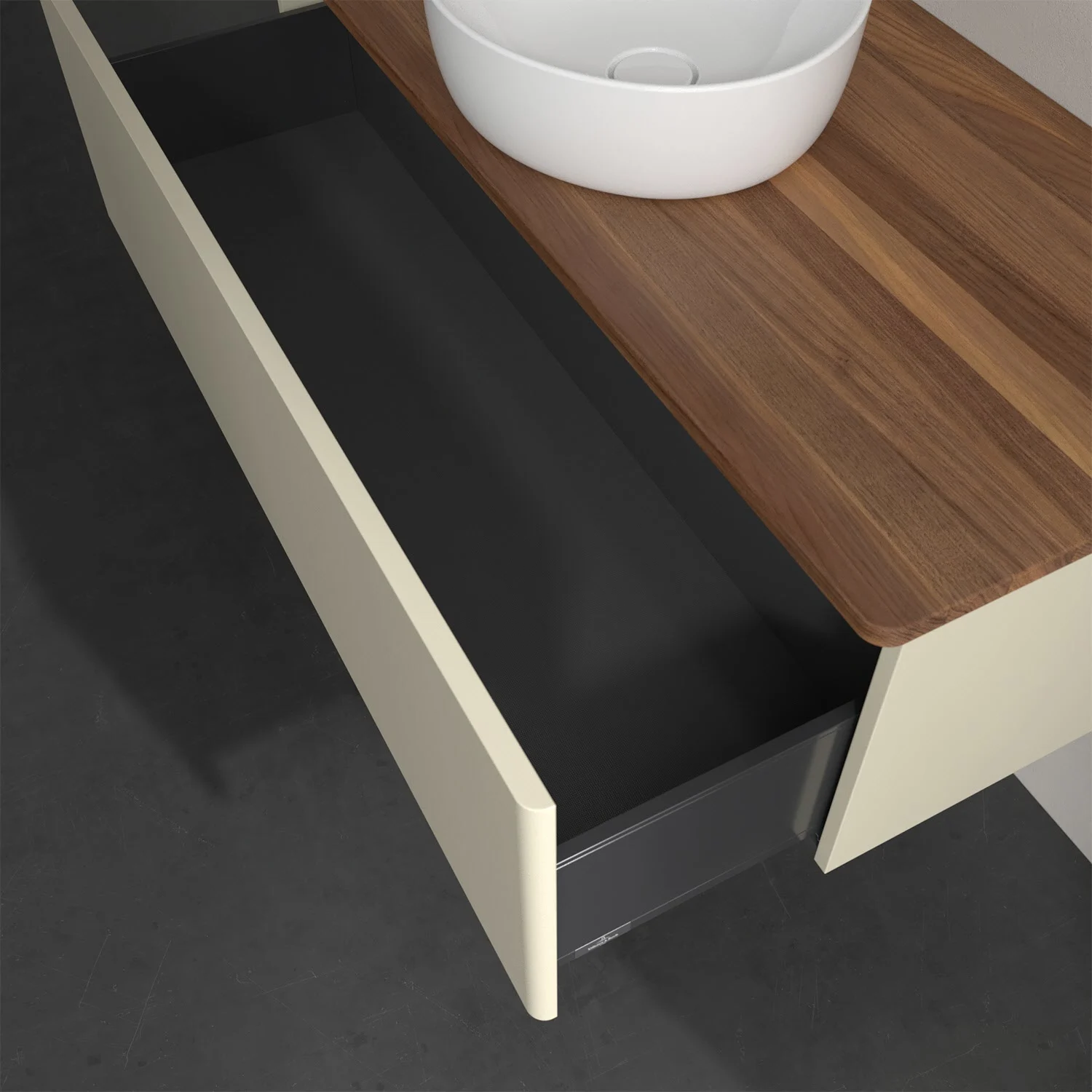 Umywalka z drewnianą powierzchnią i otwartą szufladą, Villeroy & Boch