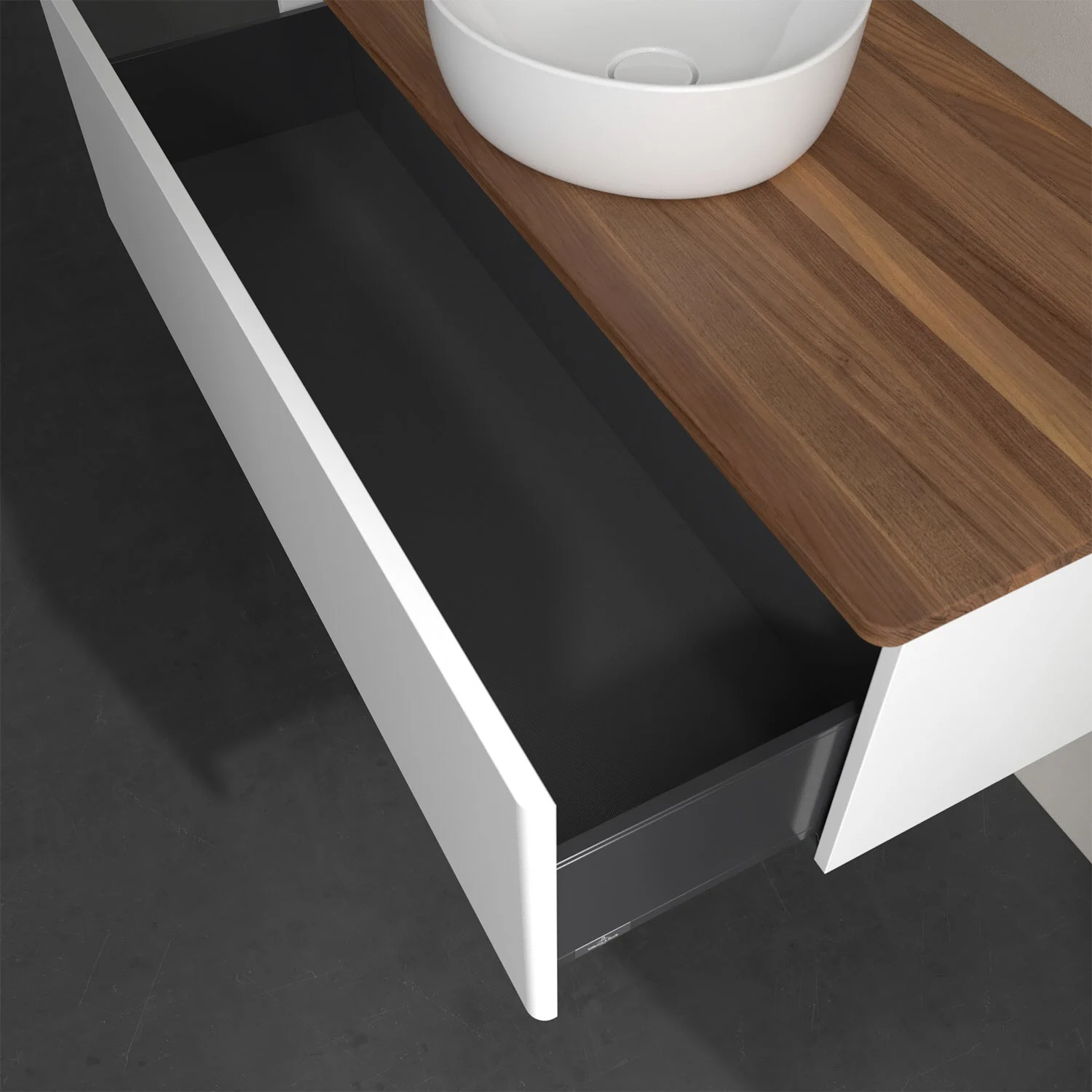 Umywalka z drewnianą powierzchnią i otwartą szufladą, Villeroy & Boch