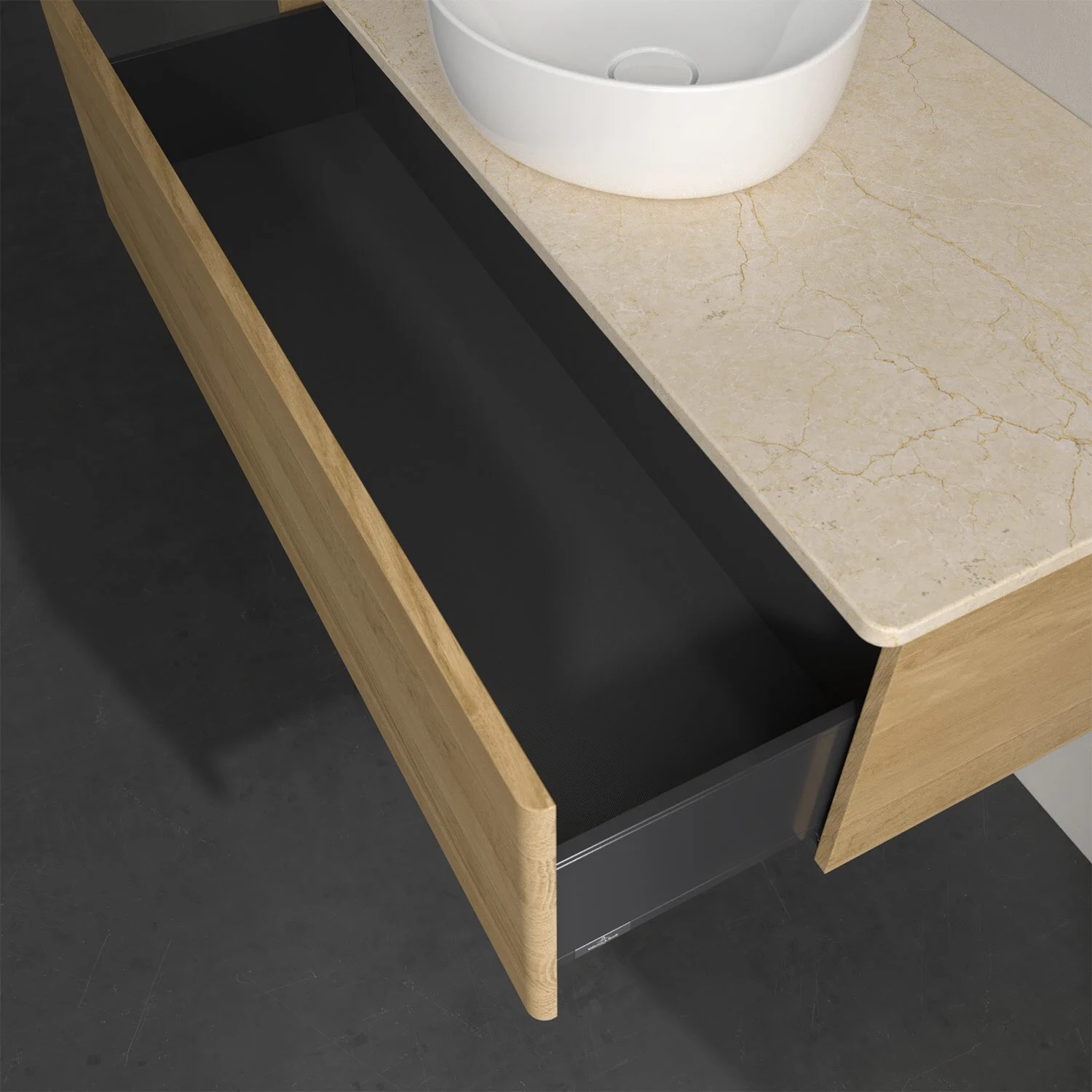 Otwarta szuflada pod umywalką z marmurowym blatem, Villeroy & Boch
