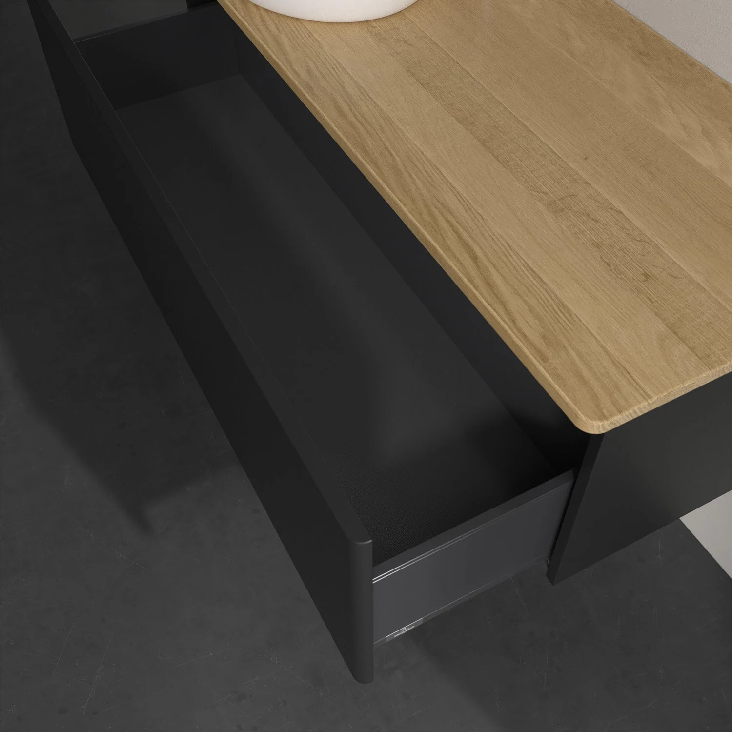 Otwarta szuflada pod drewnianą powierzchnią w łazience, Villeroy & Boch