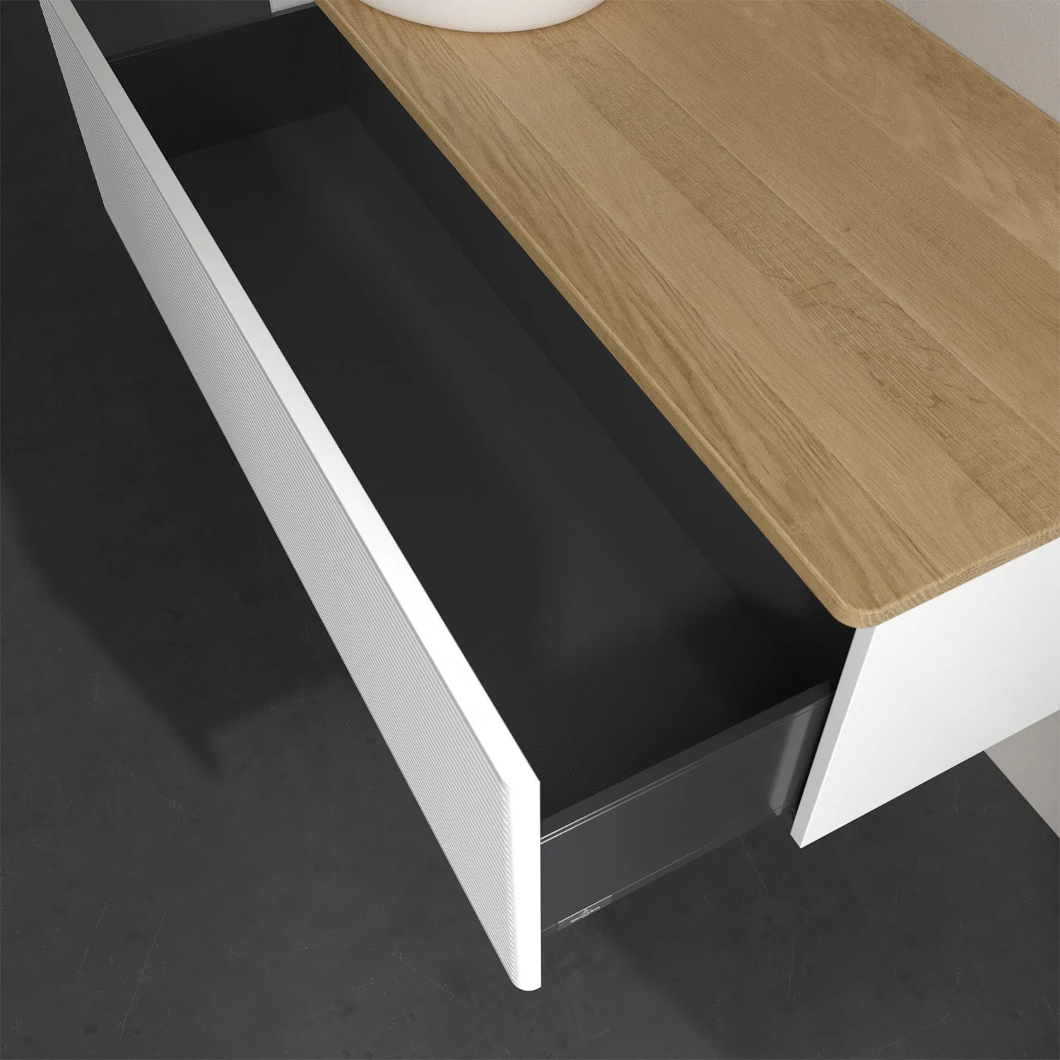 Otwarta szuflada pod drewnianym blatem w łazience, Villeroy & Boch