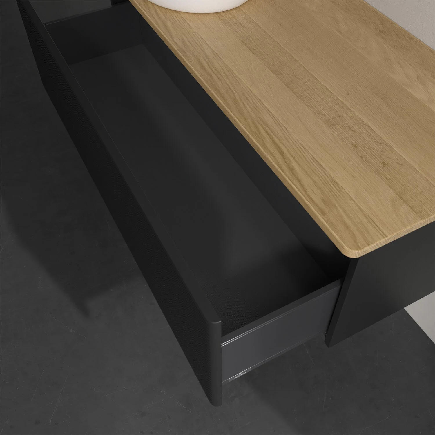 Otwarta szuflada pod drewnianym blatem w łazience, Villeroy & Boch