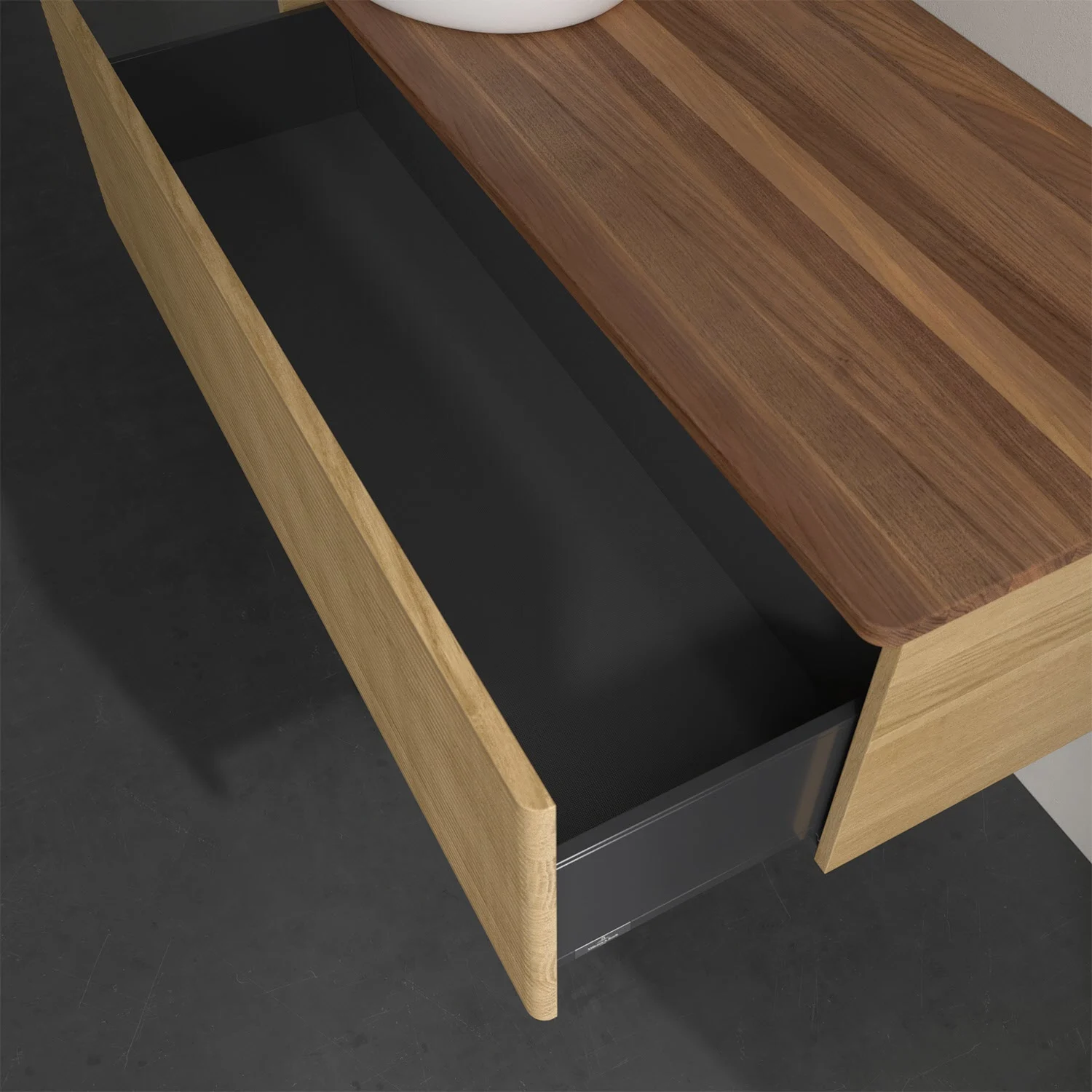 Otwarta szuflada pod drewnianym blatem w łazience, Villeroy & Boch