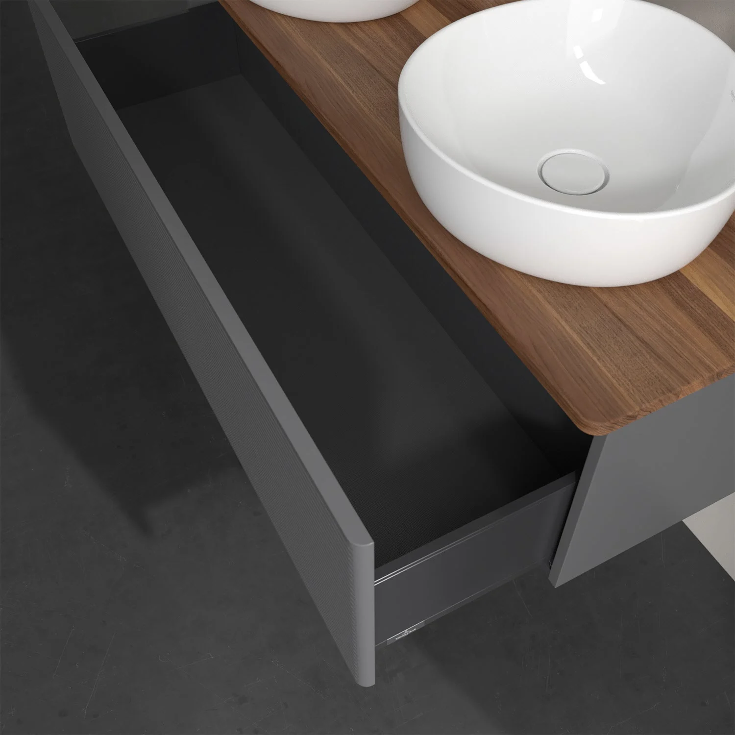 Zbliżenie otwartej szafki z umywalką, Villeroy & Boch