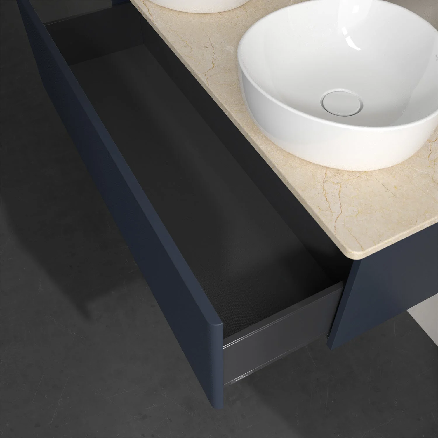 Zbliżenie otwartej szafki łazienkowej z umywalką, Villeroy & Boch
