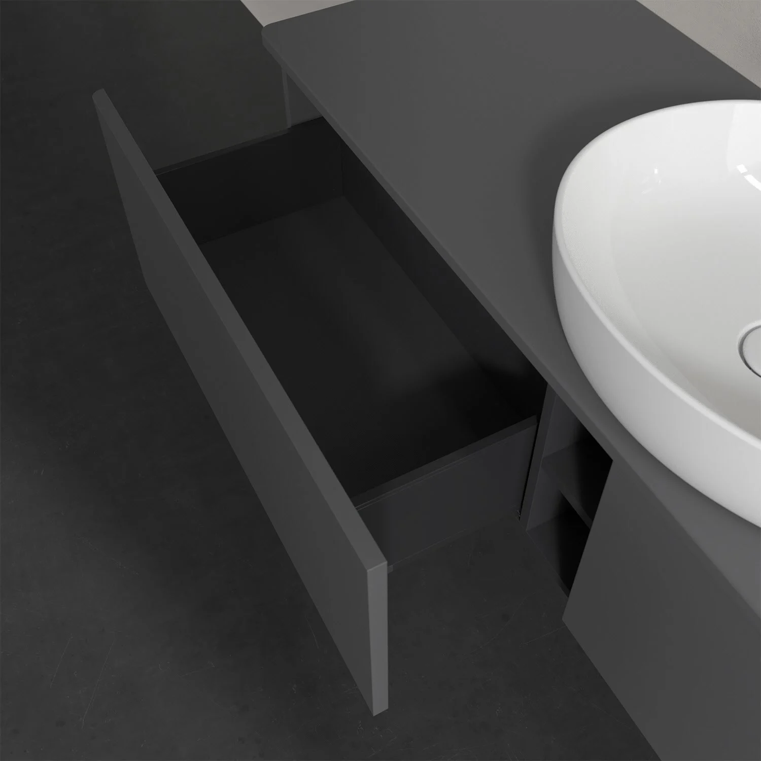 Umywalka z otwartą szufladą z bliska, Villeroy & Boch